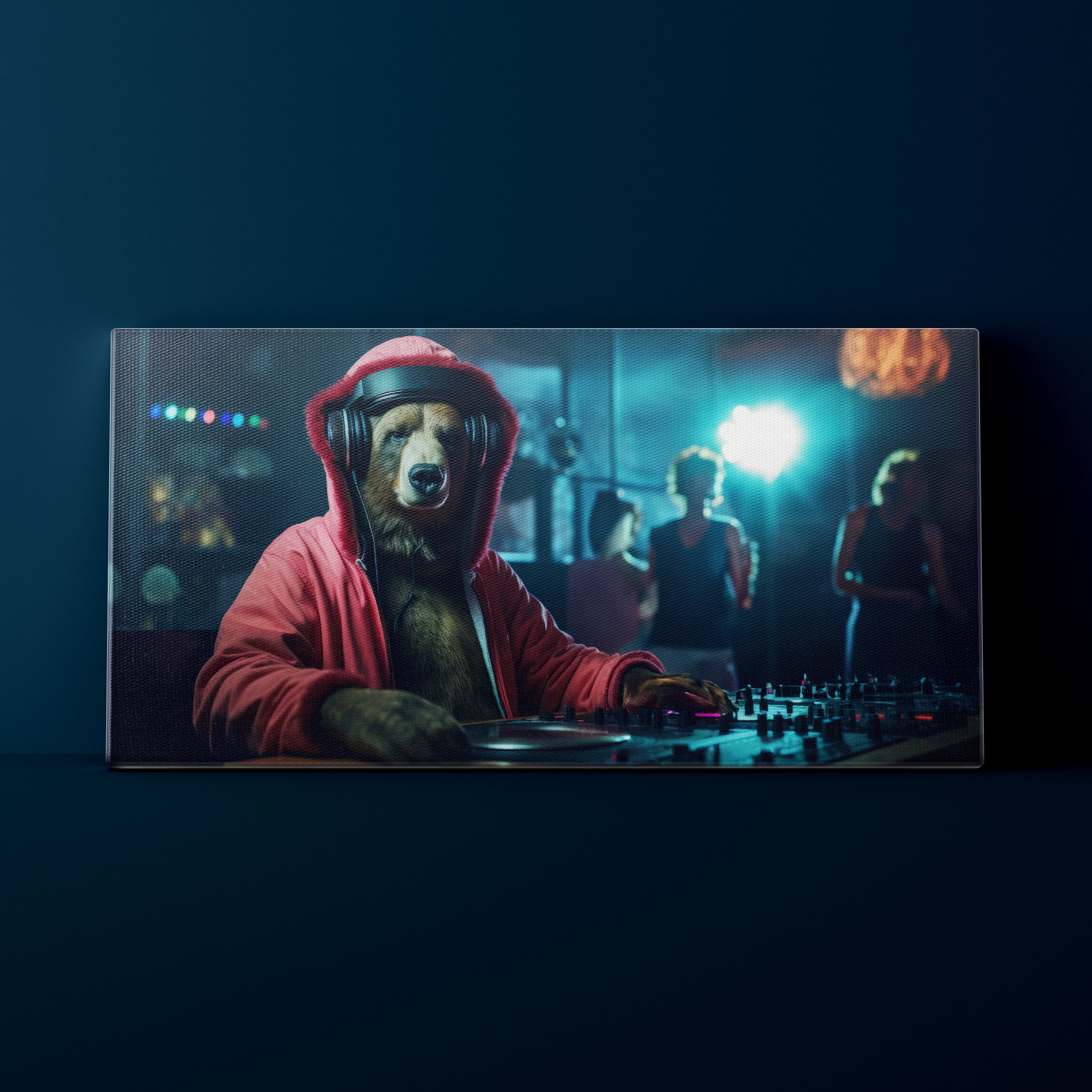 Bear in a red hoodie and headphones operating DJ equipment in a club setting.