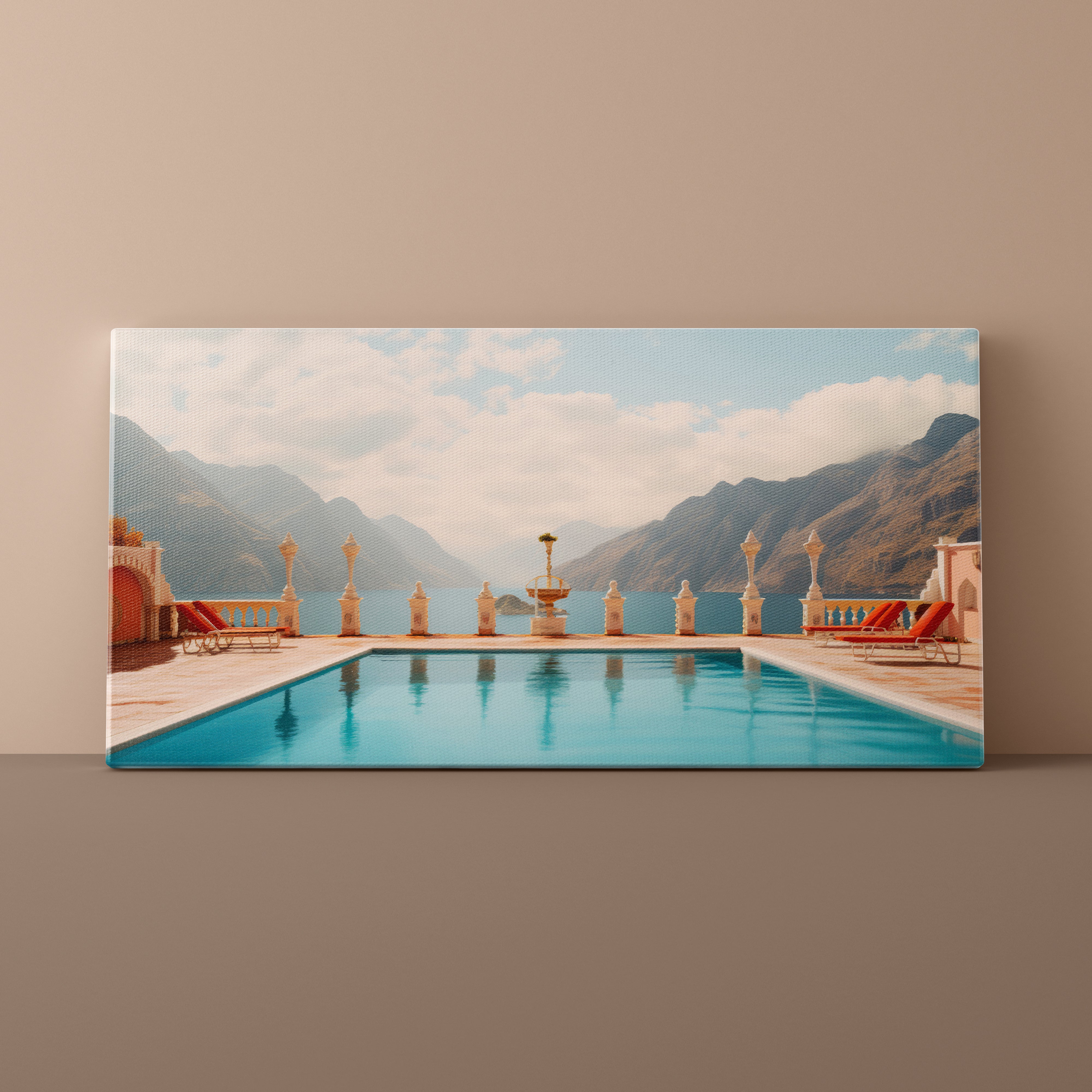 Canvas print of a scenic pool with mountains on a beige wall