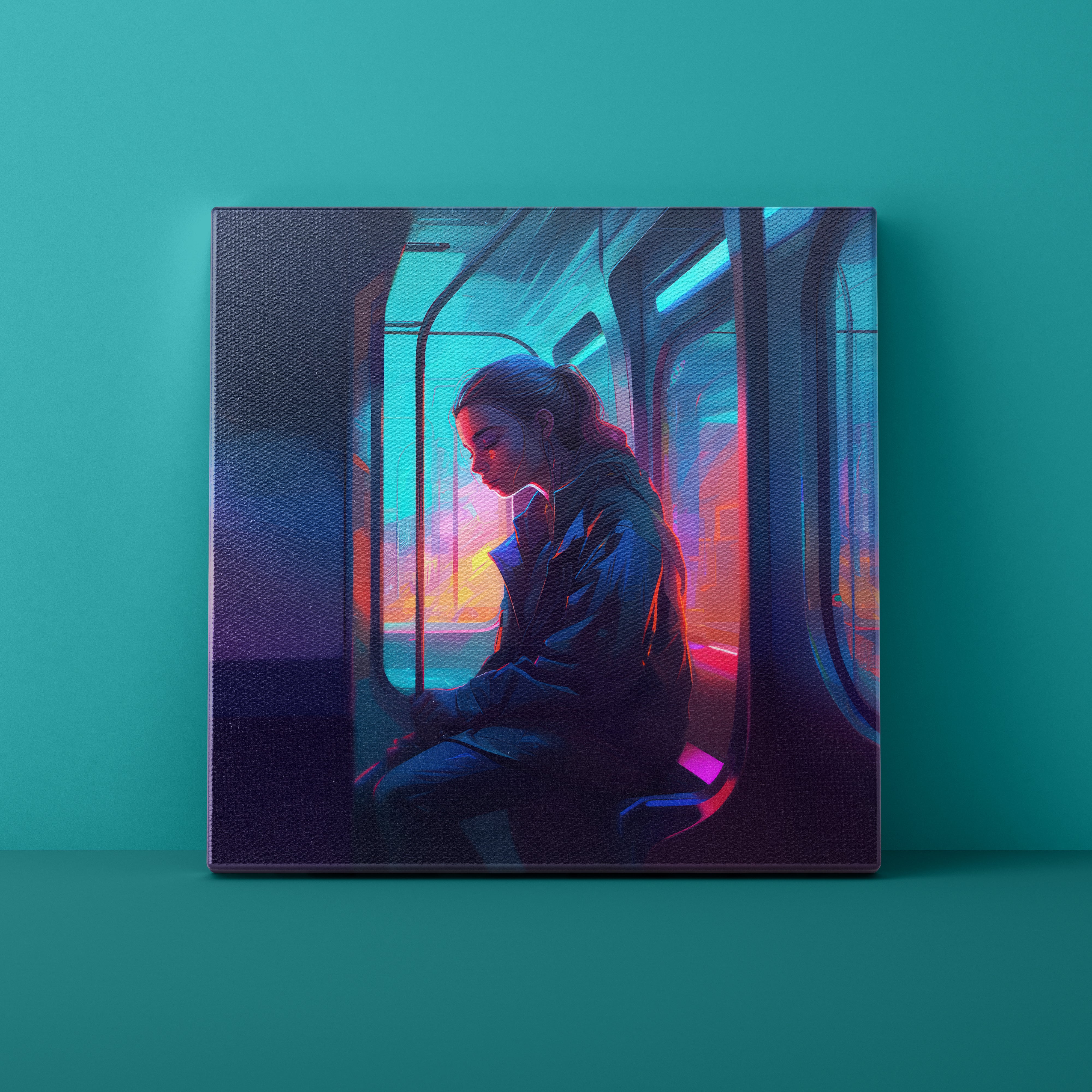 Woman sitting on a train with a colorful interior against a teal background