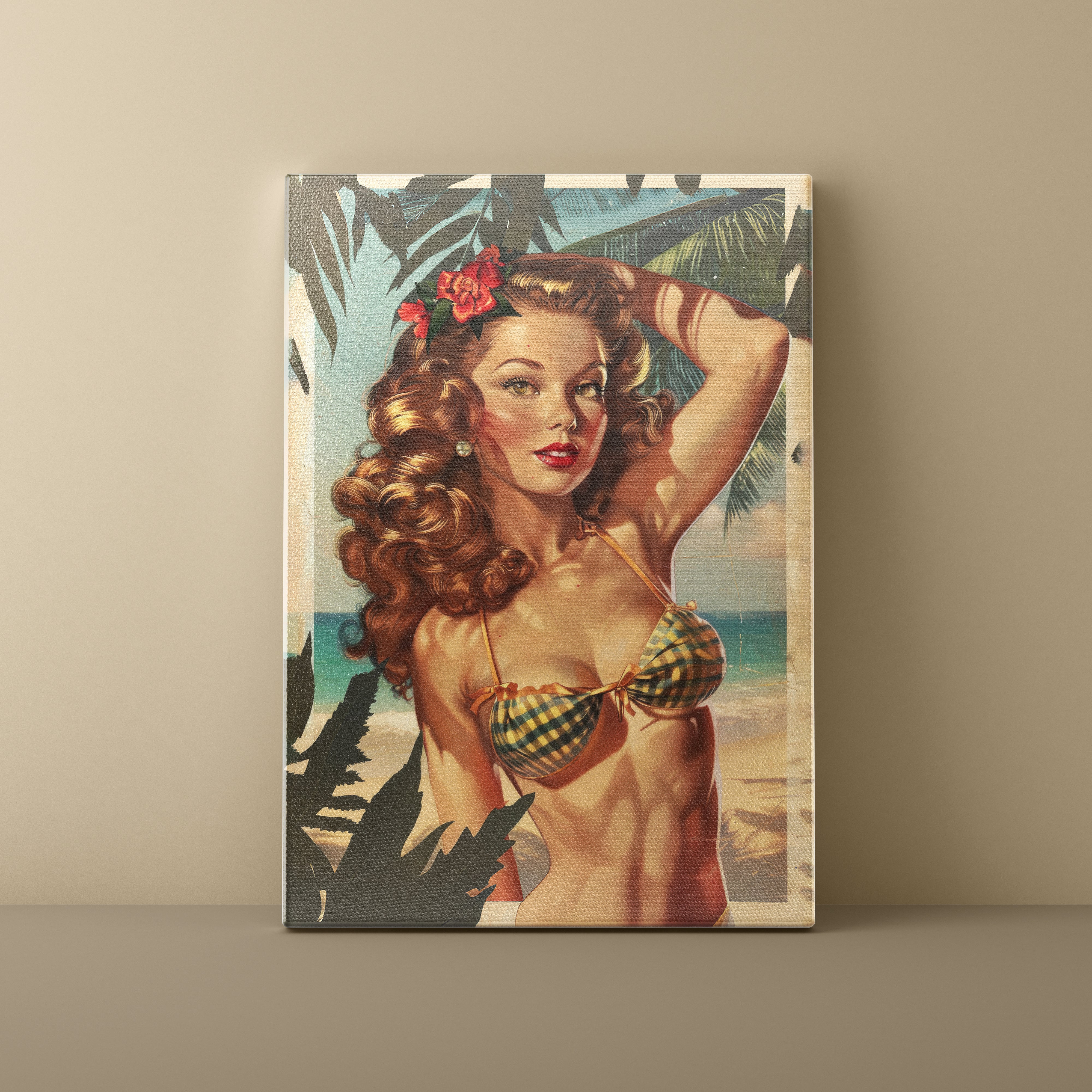 Canvas print of a vintage-style beach scene with a woman in a bikini against a palm tree backdrop.