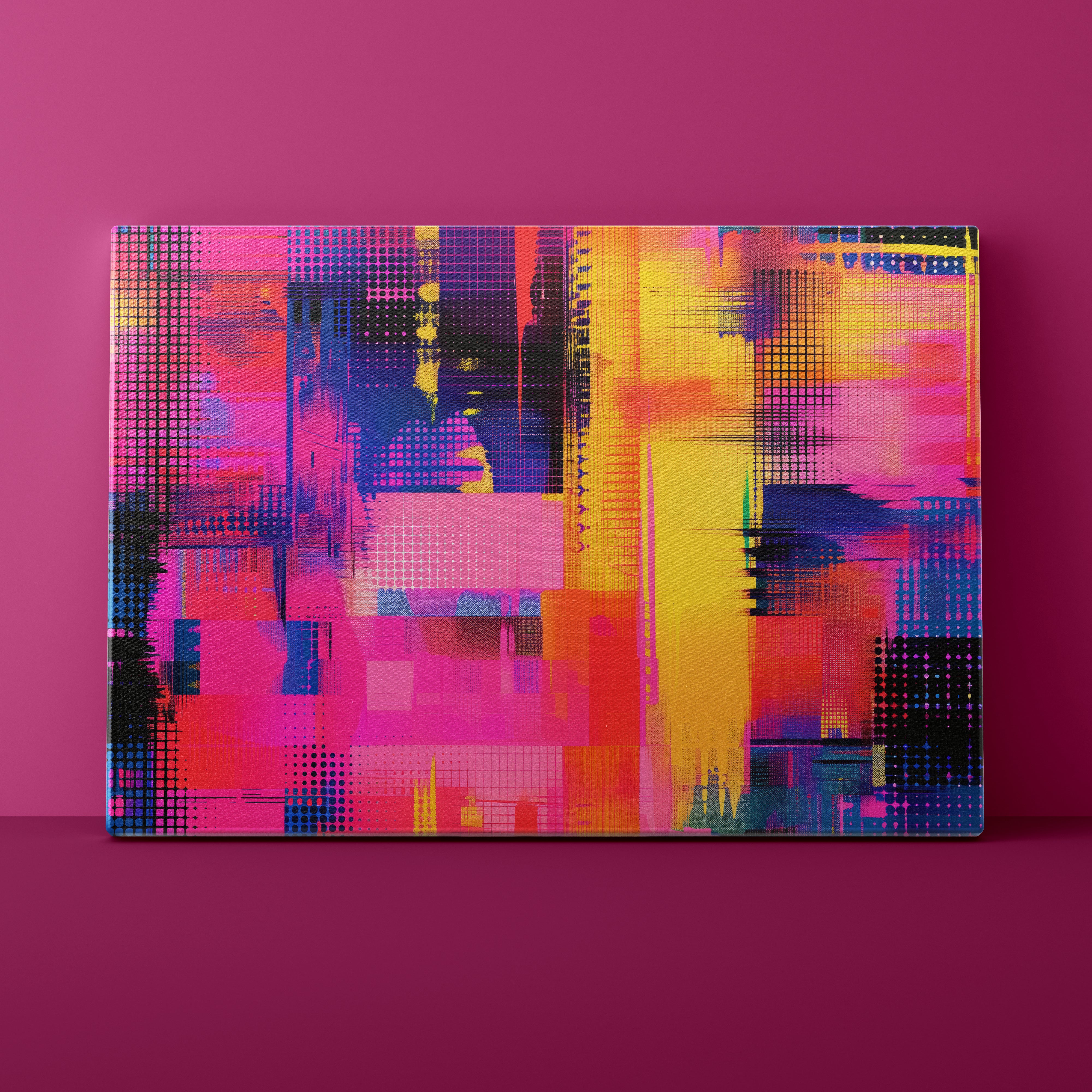 Abstract multicolored artwork on a pink background