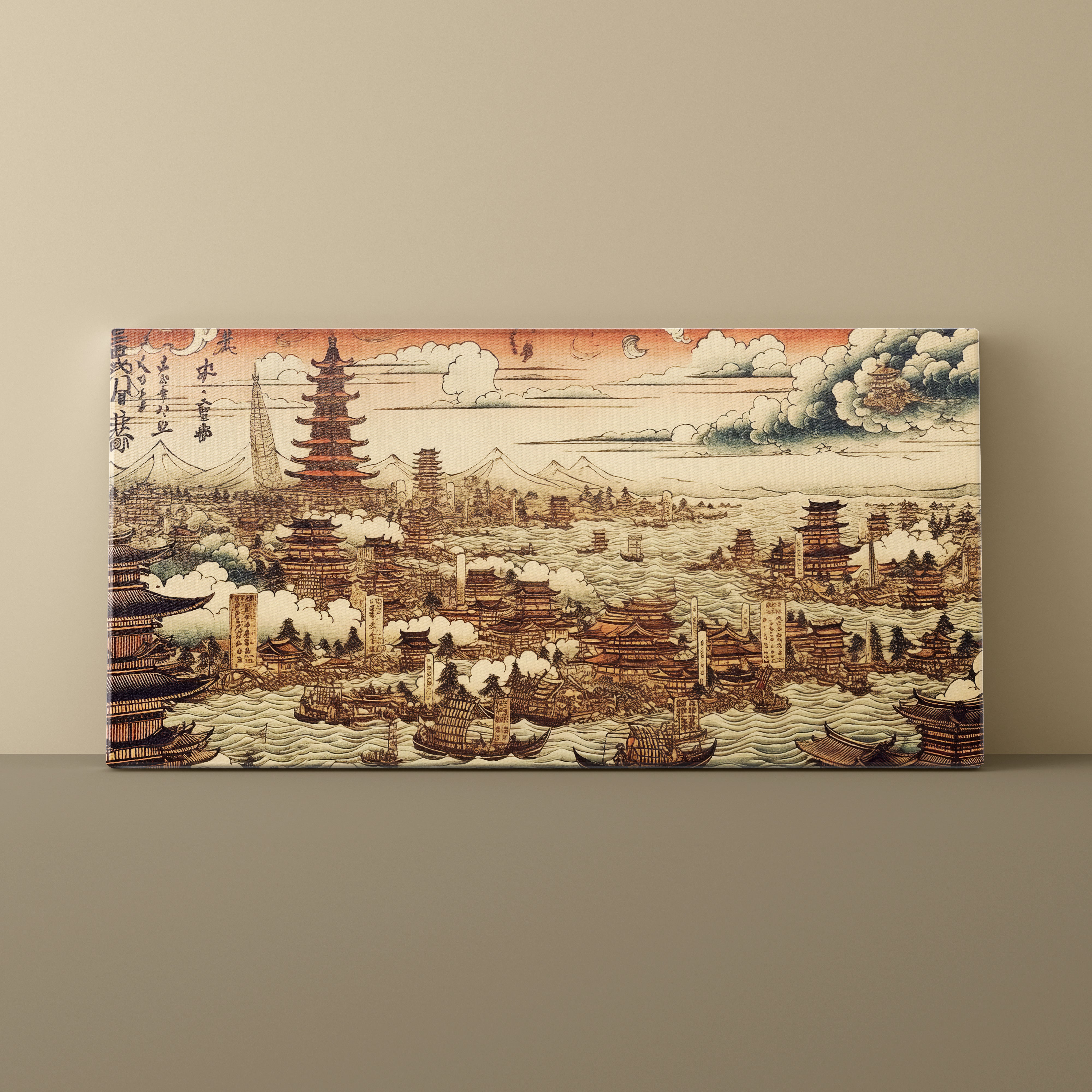 Canvas print of a cityscape with traditional architecture on a beige wall.