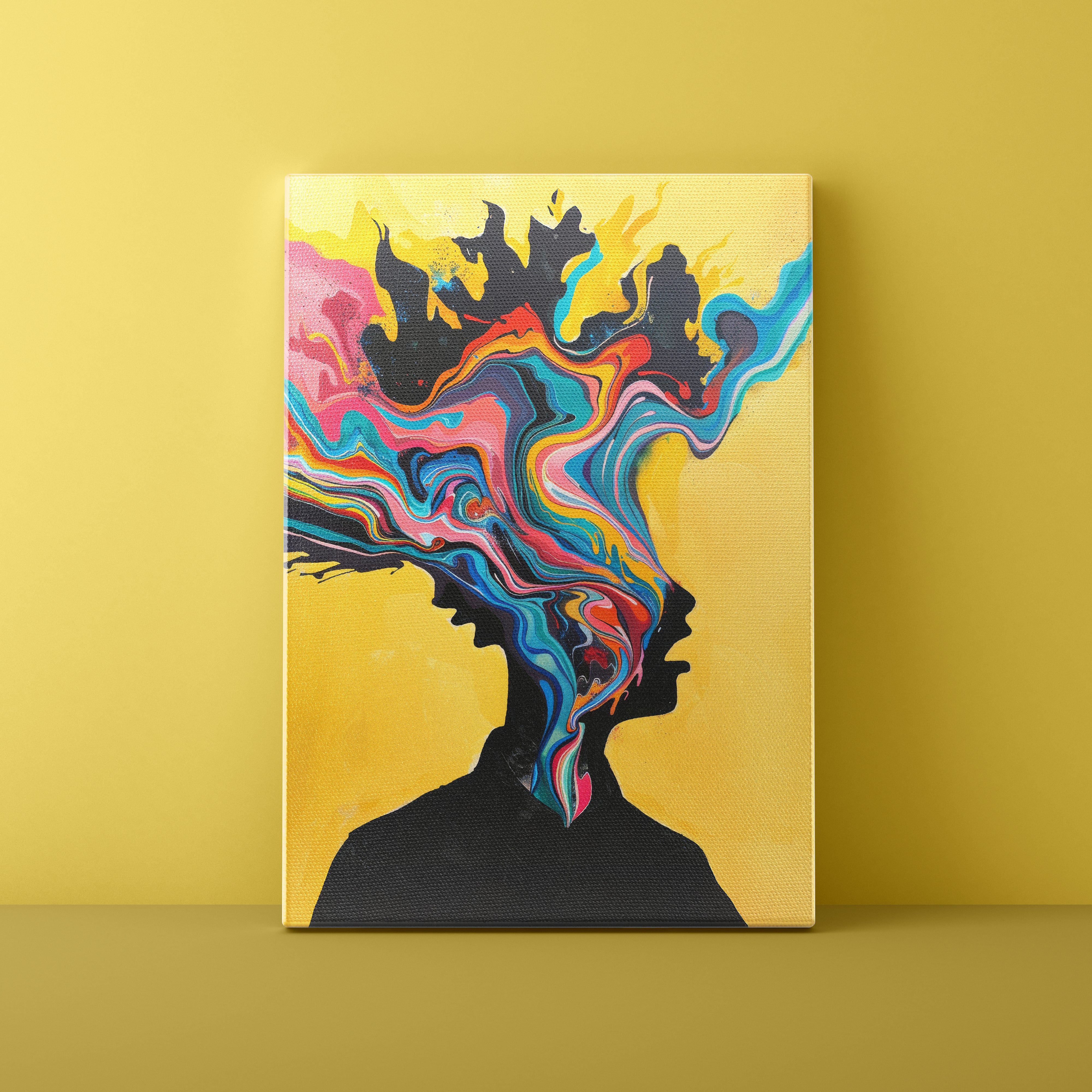 Colorful abstract art of a silhouette against a yellow background