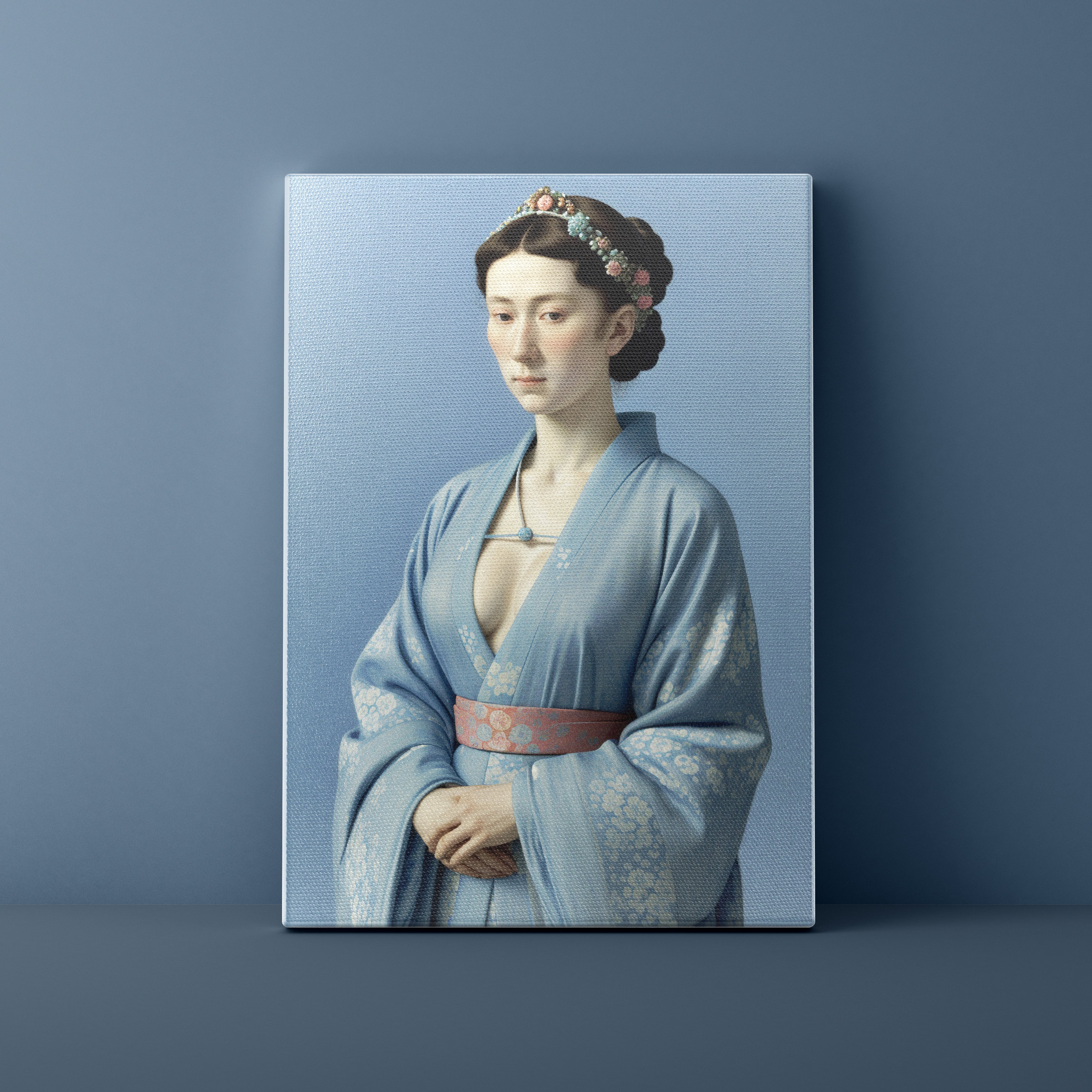Canvas print of a woman in a blue kimono against a blue background