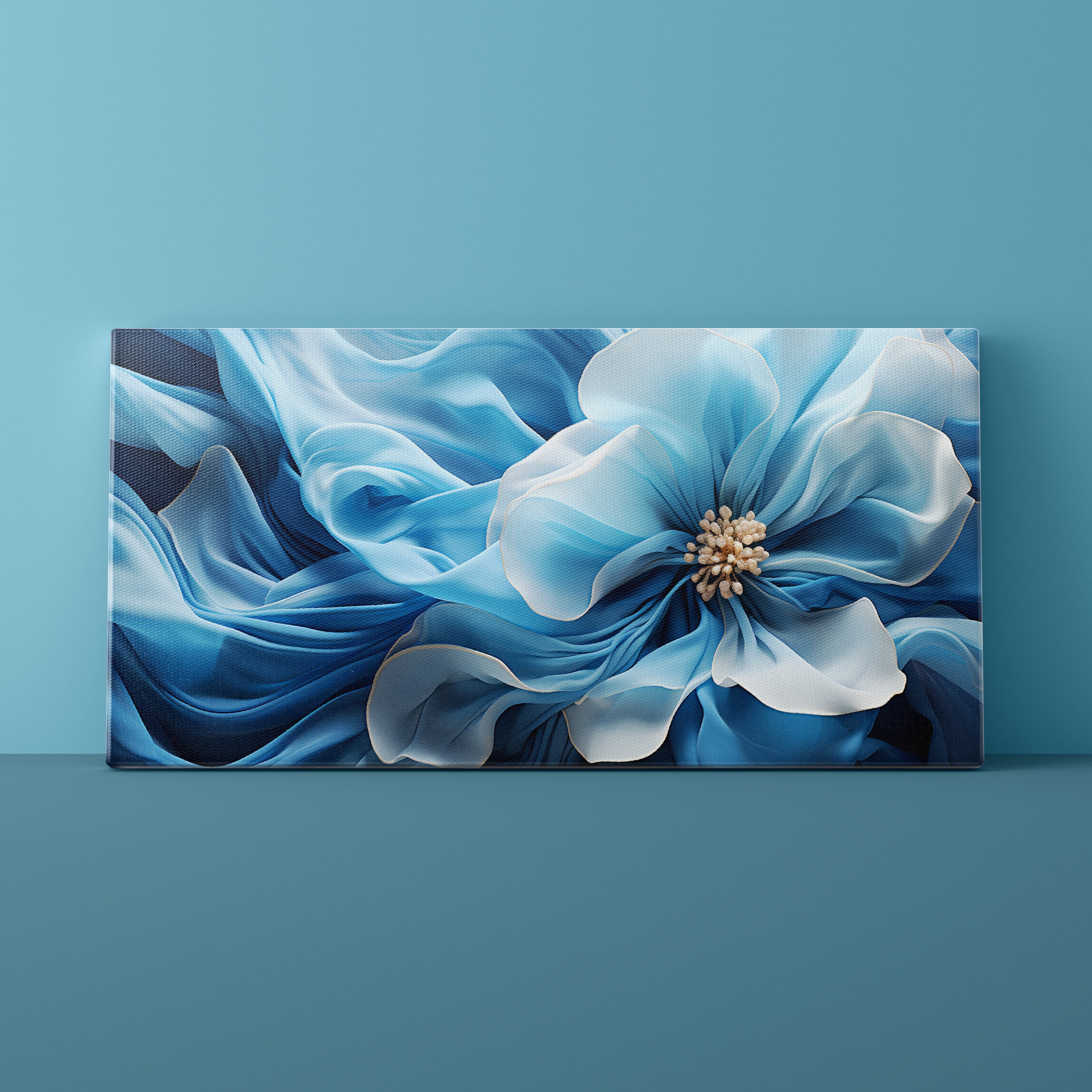Abstract blue and white floral artwork on a teal wall