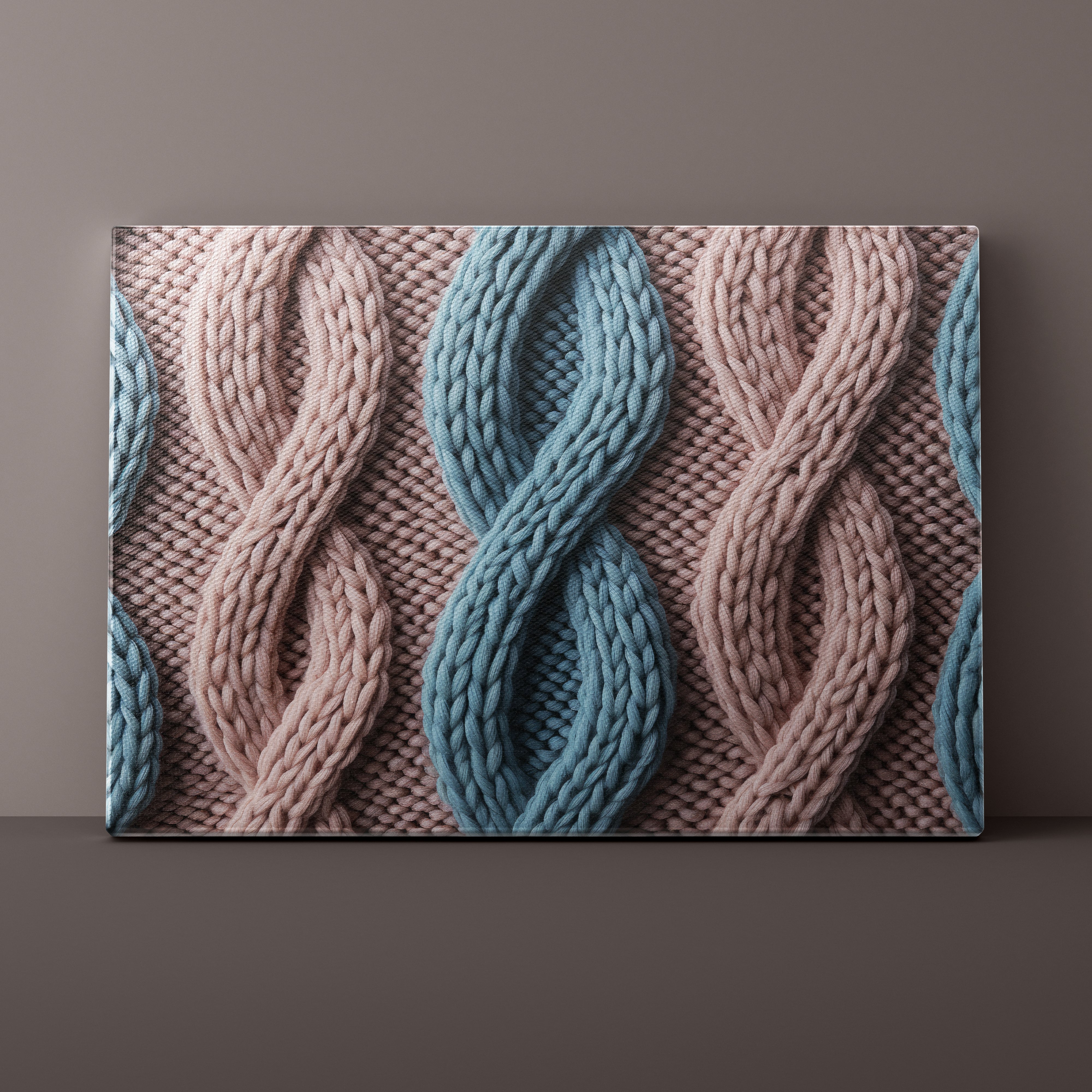 Textured knitted pattern with pink and blue colors on a brown background