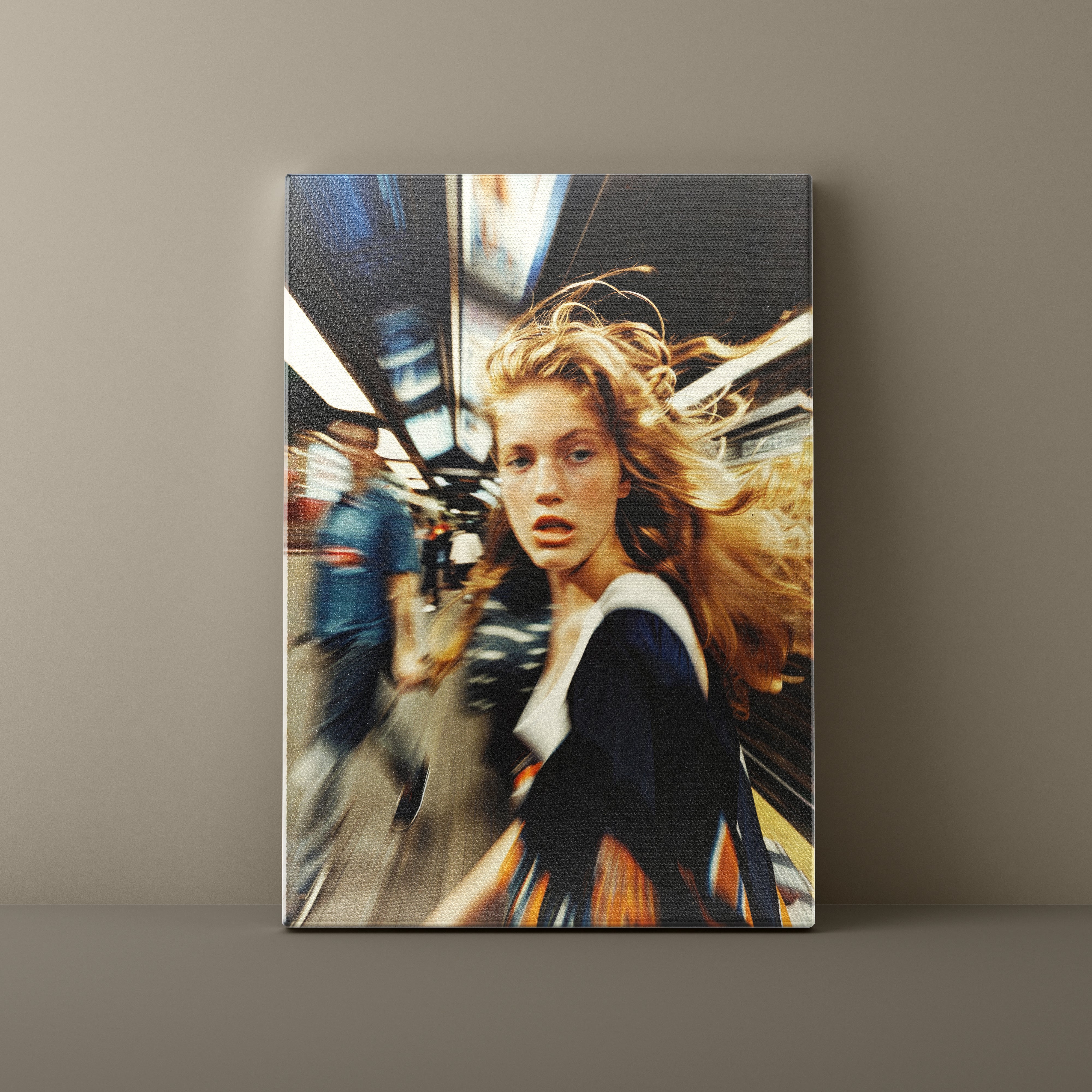 Canvas print of a woman with blonde hair in a subway setting
