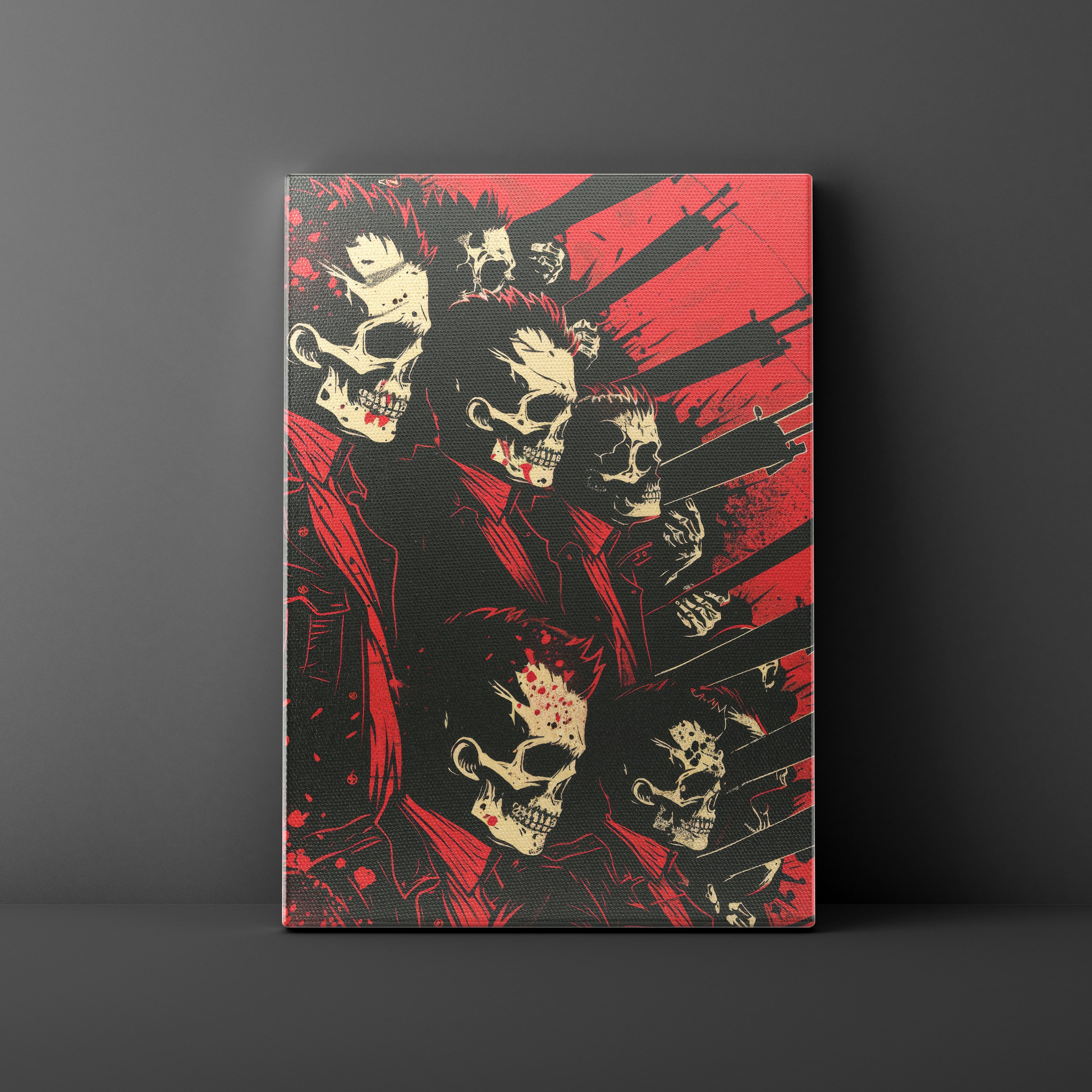 Canvas print with a design of skulls and red and black abstract patterns on a dark background