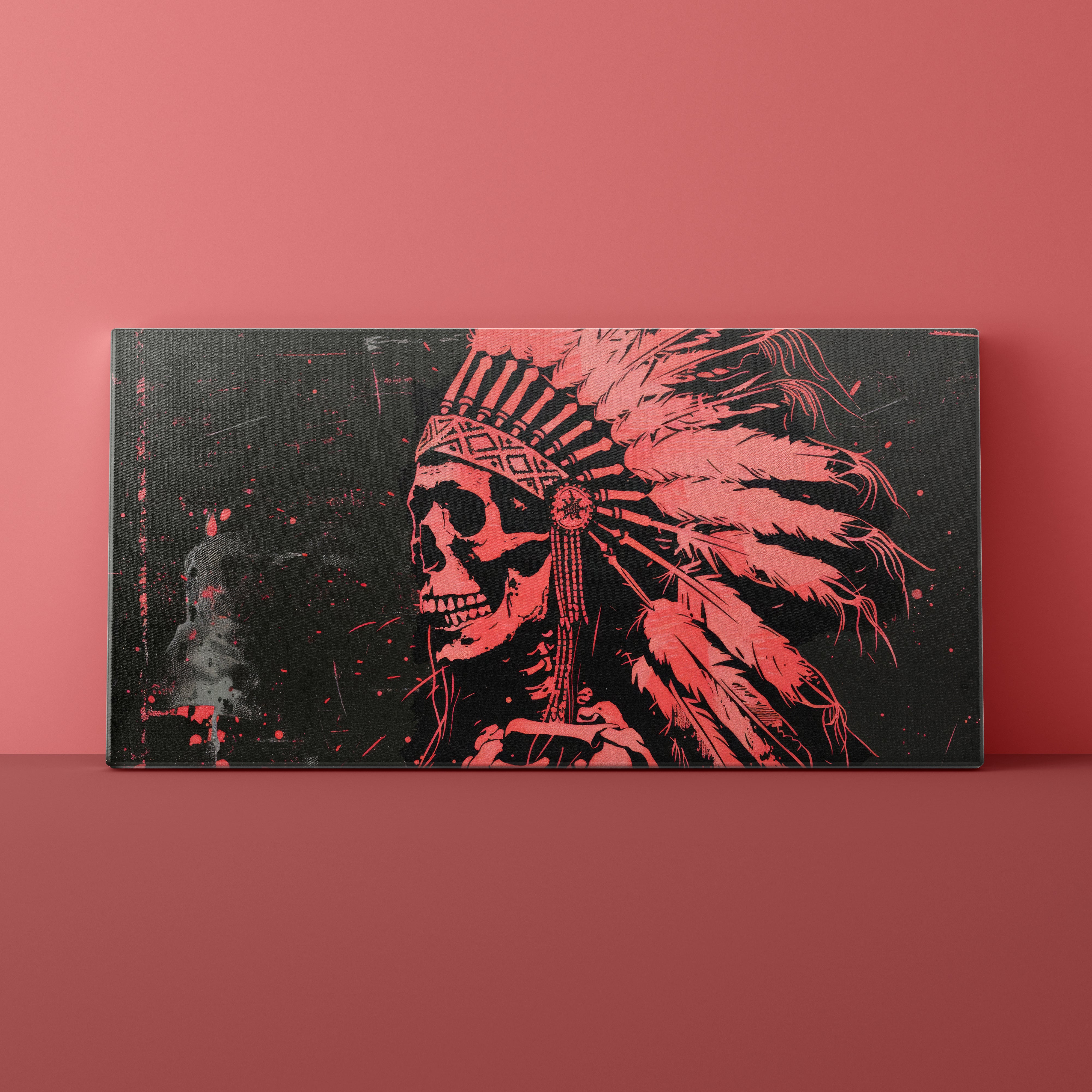 Canvas print with a red skull and headdress design on a pink background