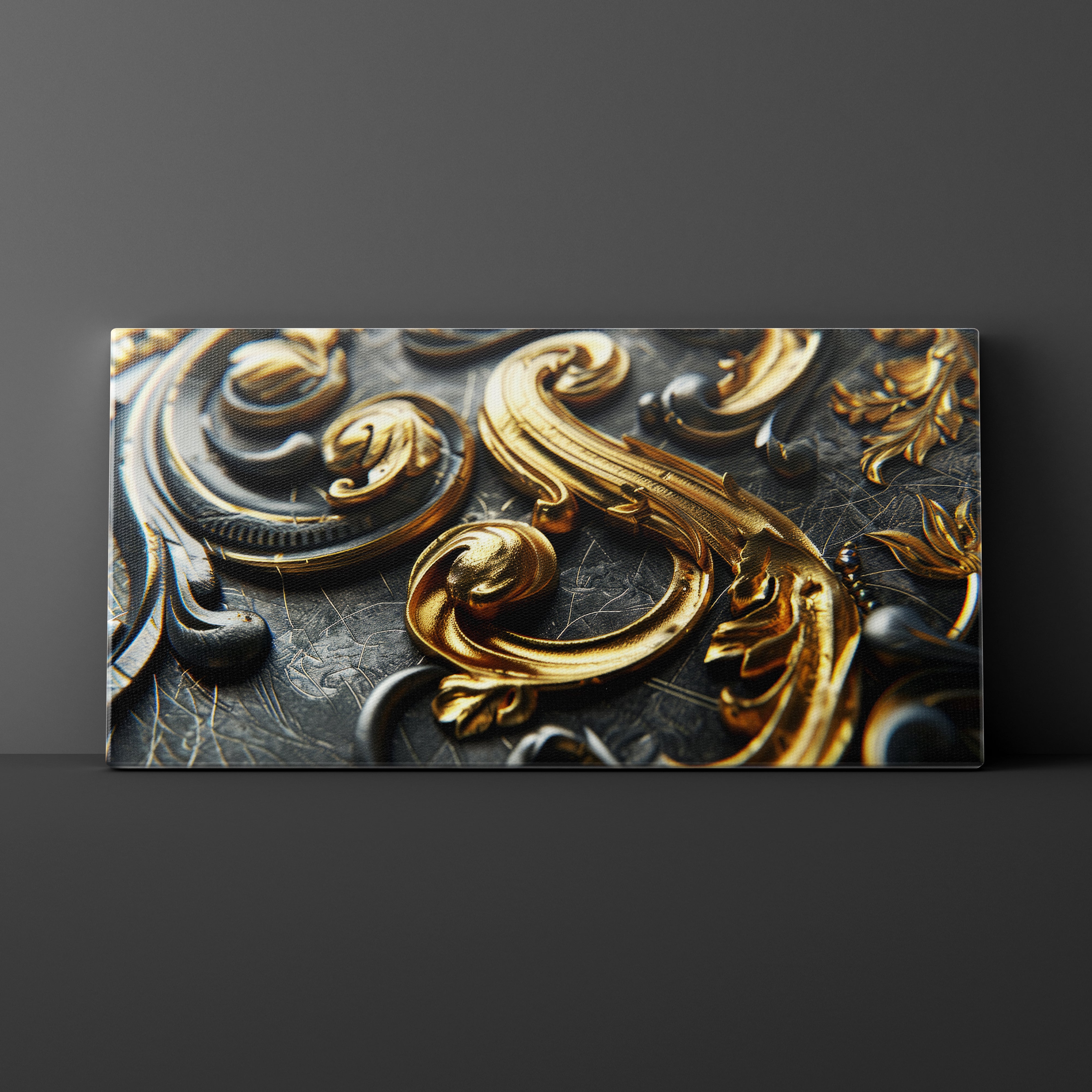 Decorative gold and black metal design on a dark background
