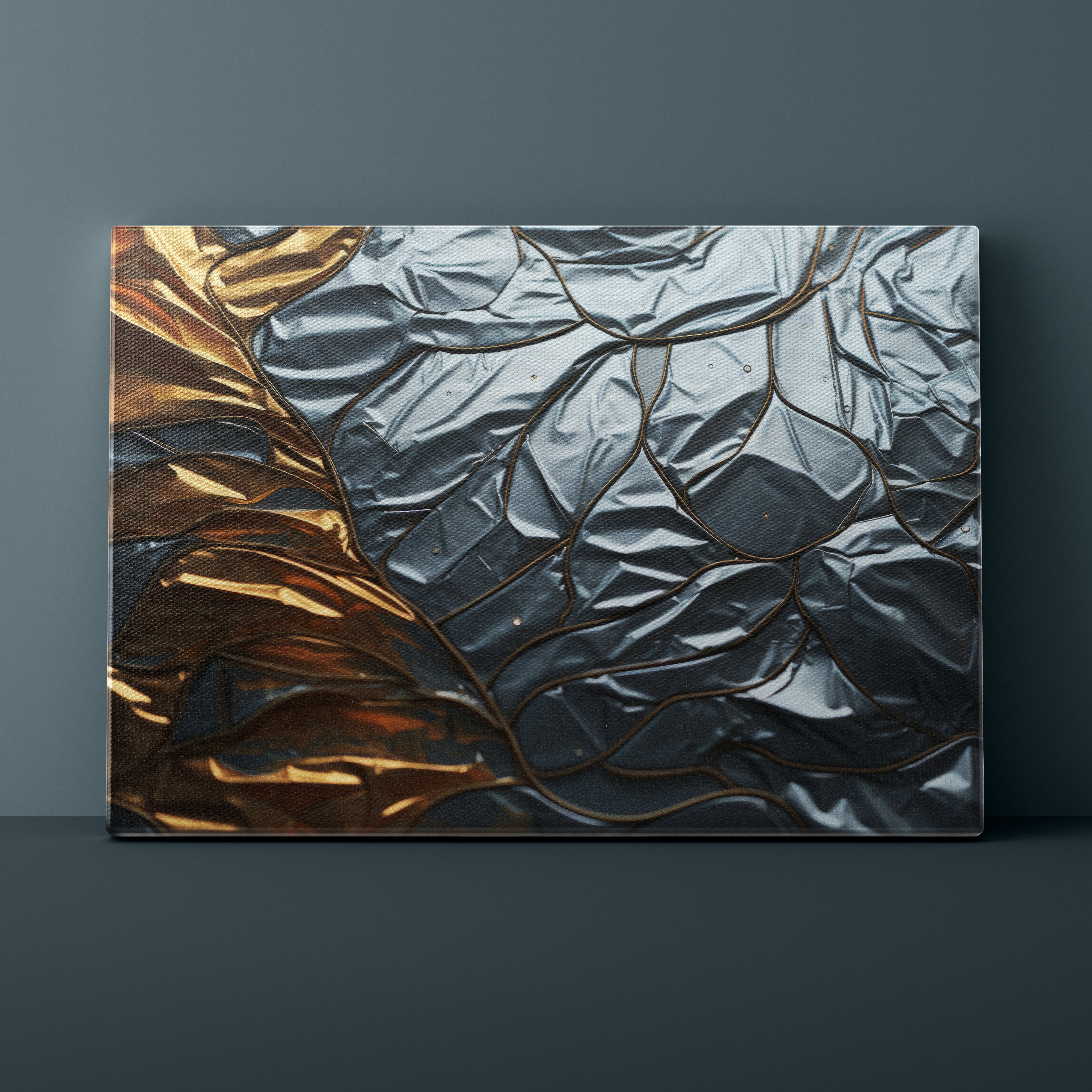 Abstract art piece with gold and silver leaf patterns on a dark gray background