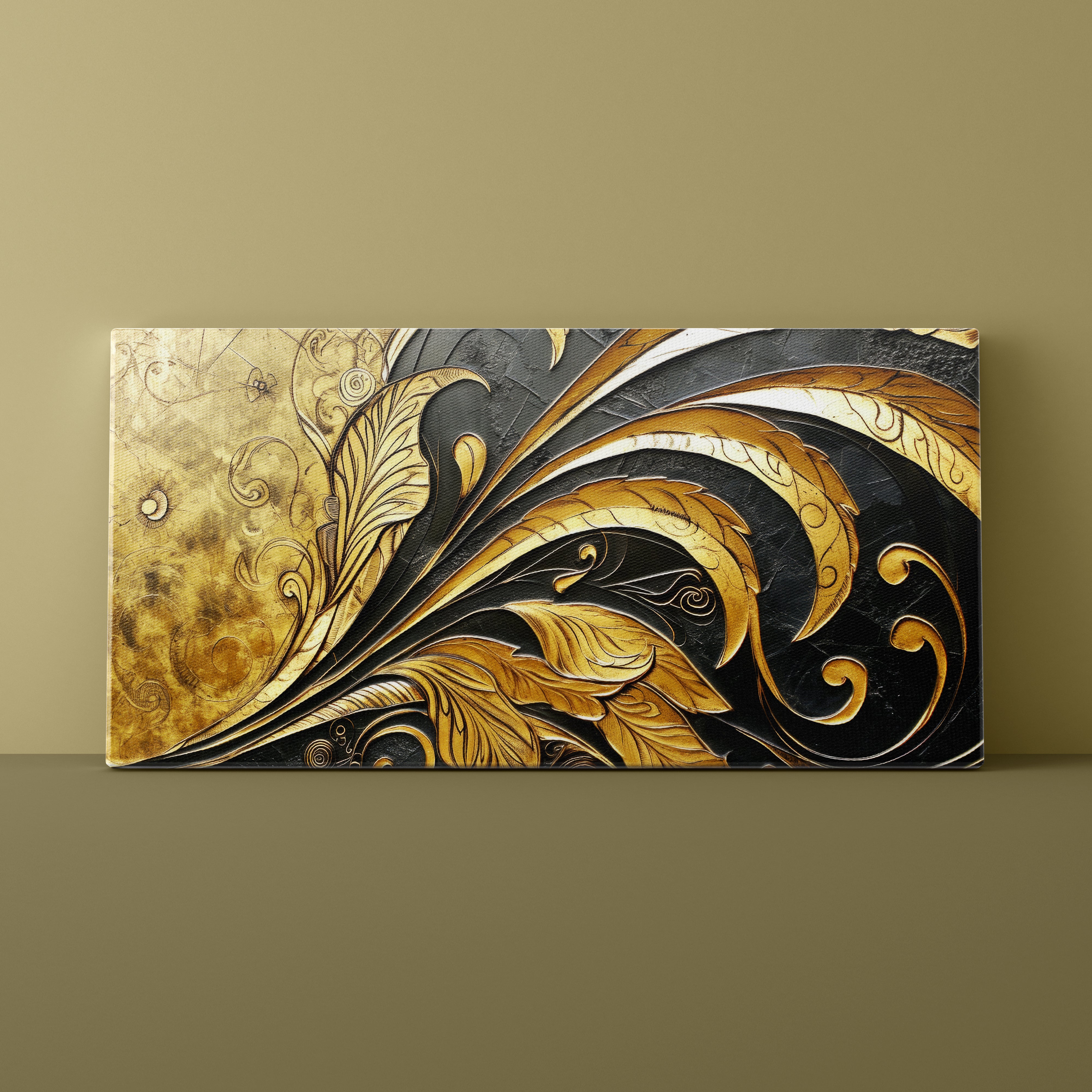 Decorative wall art with gold and black leaf patterns on a beige background