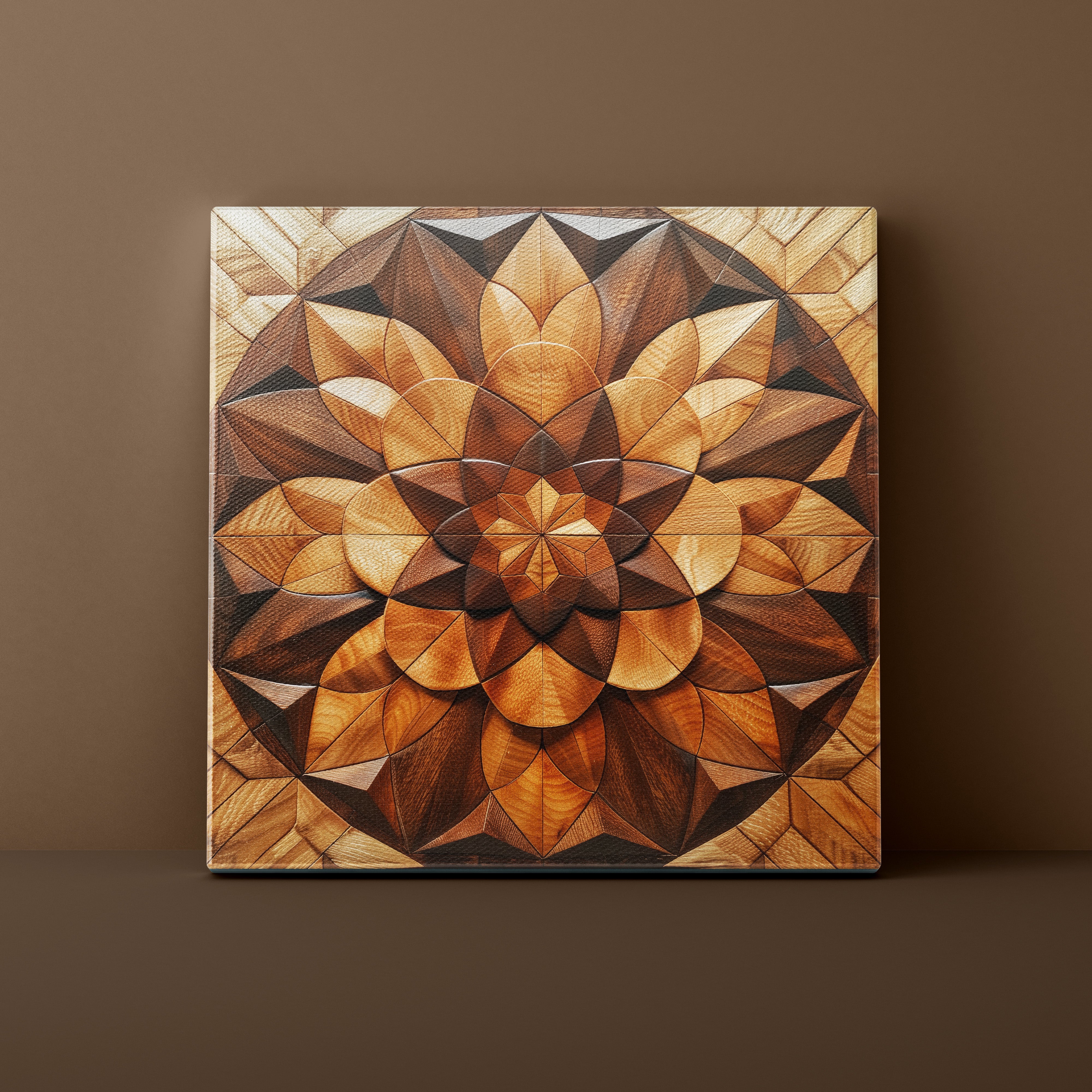 Wooden wall art with geometric pattern on a brown background