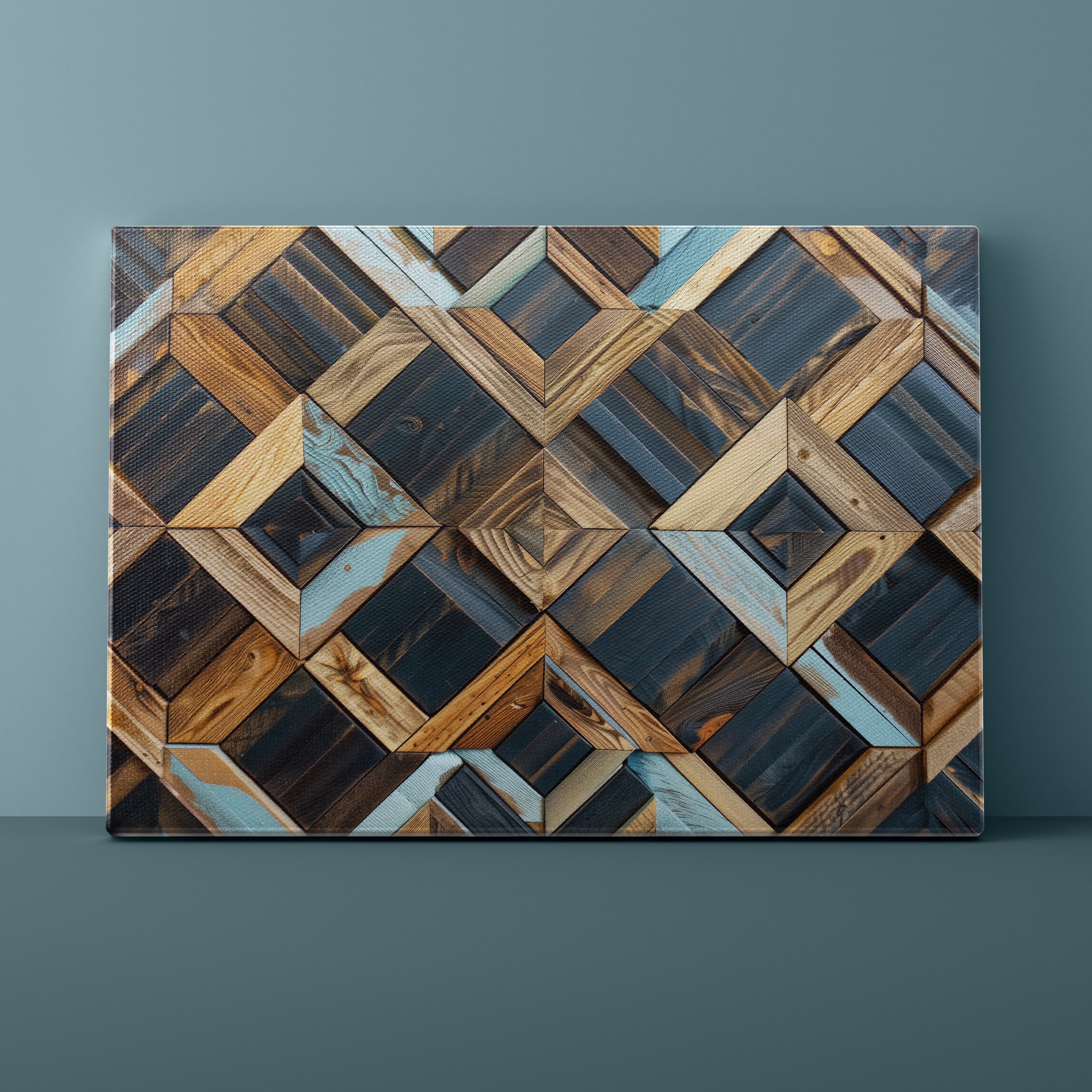 Wooden mosaic wall art on a teal background