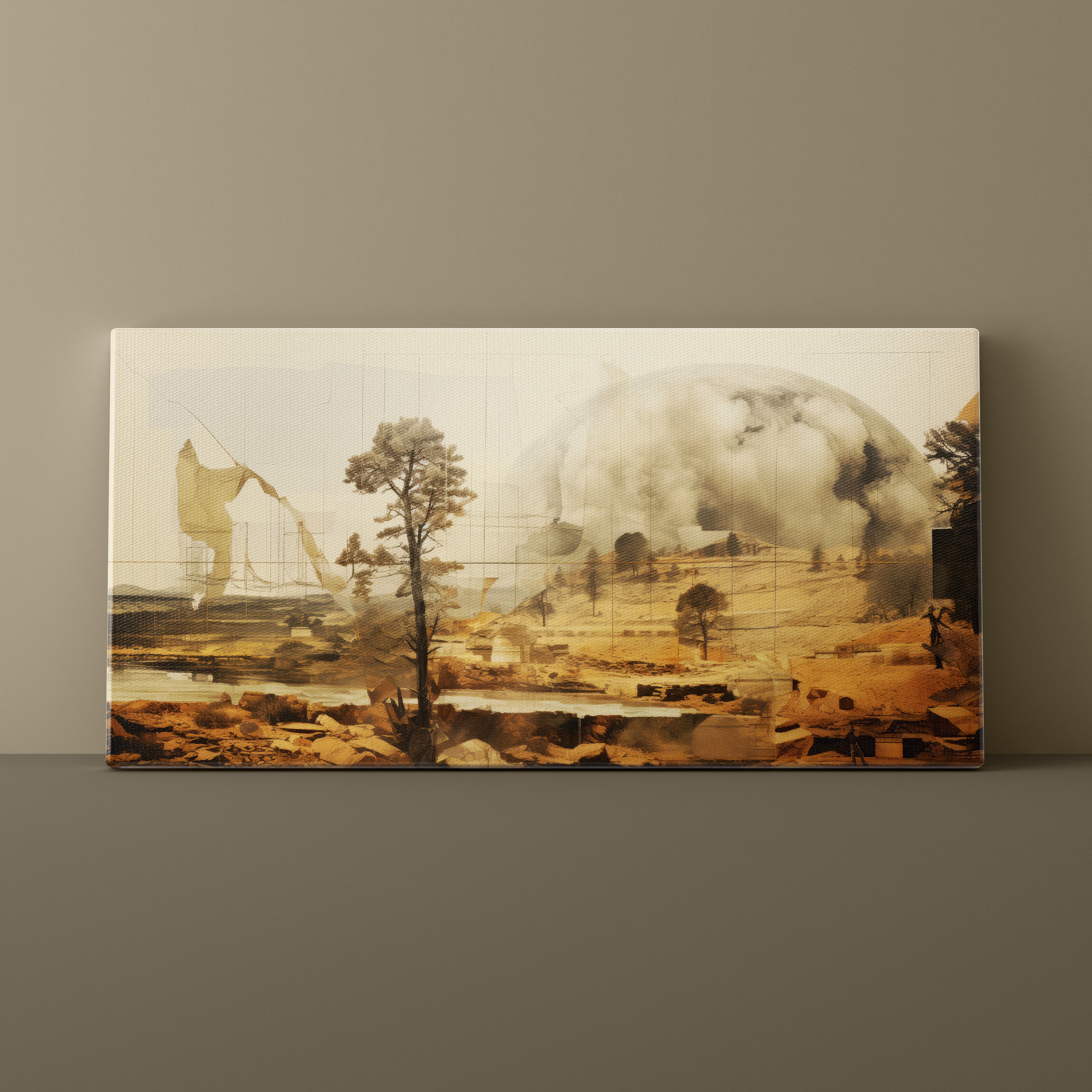 Artistic depiction of a landscape with trees and a large cloud-like formation on a beige background.