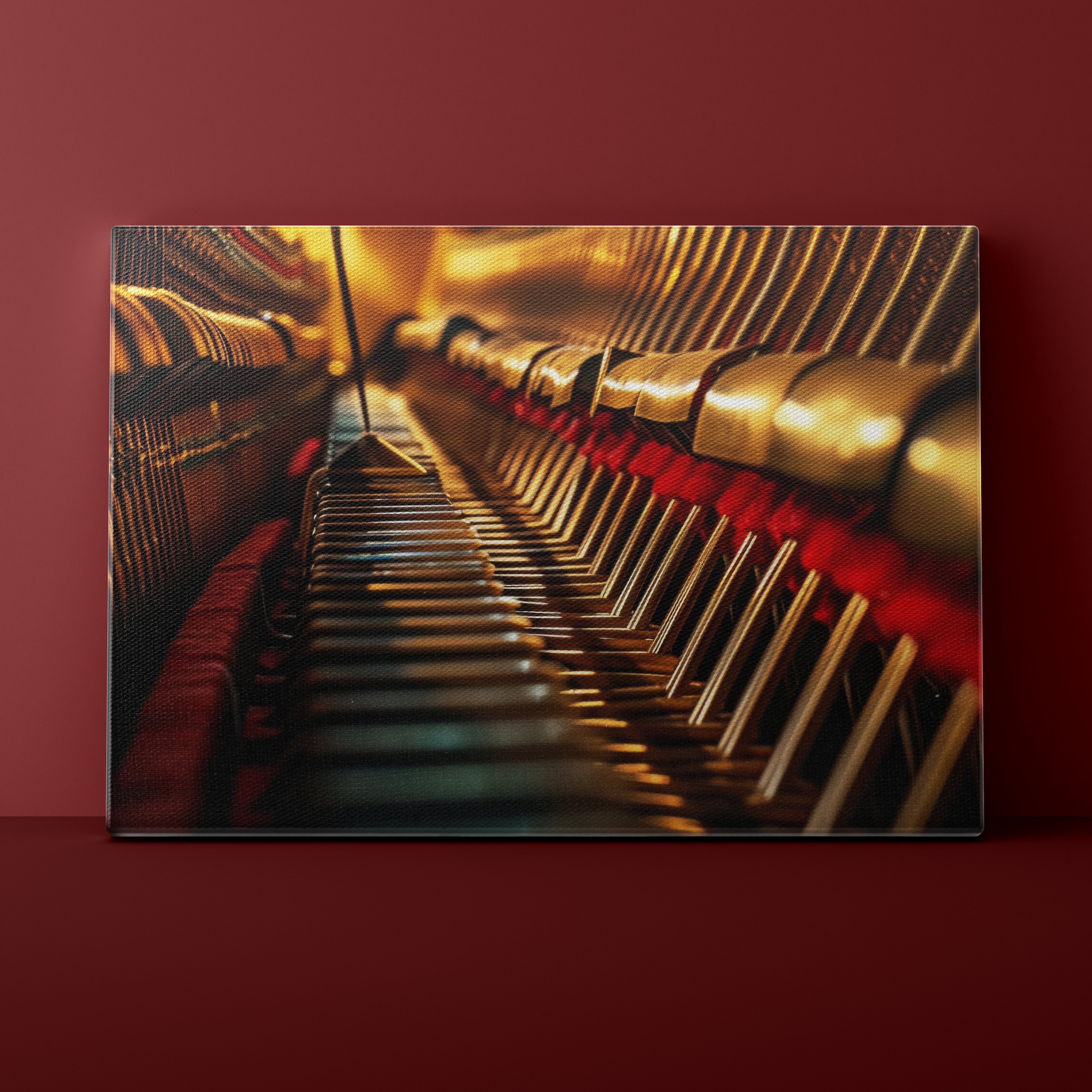 Row of gold and red theater seats against a red wall