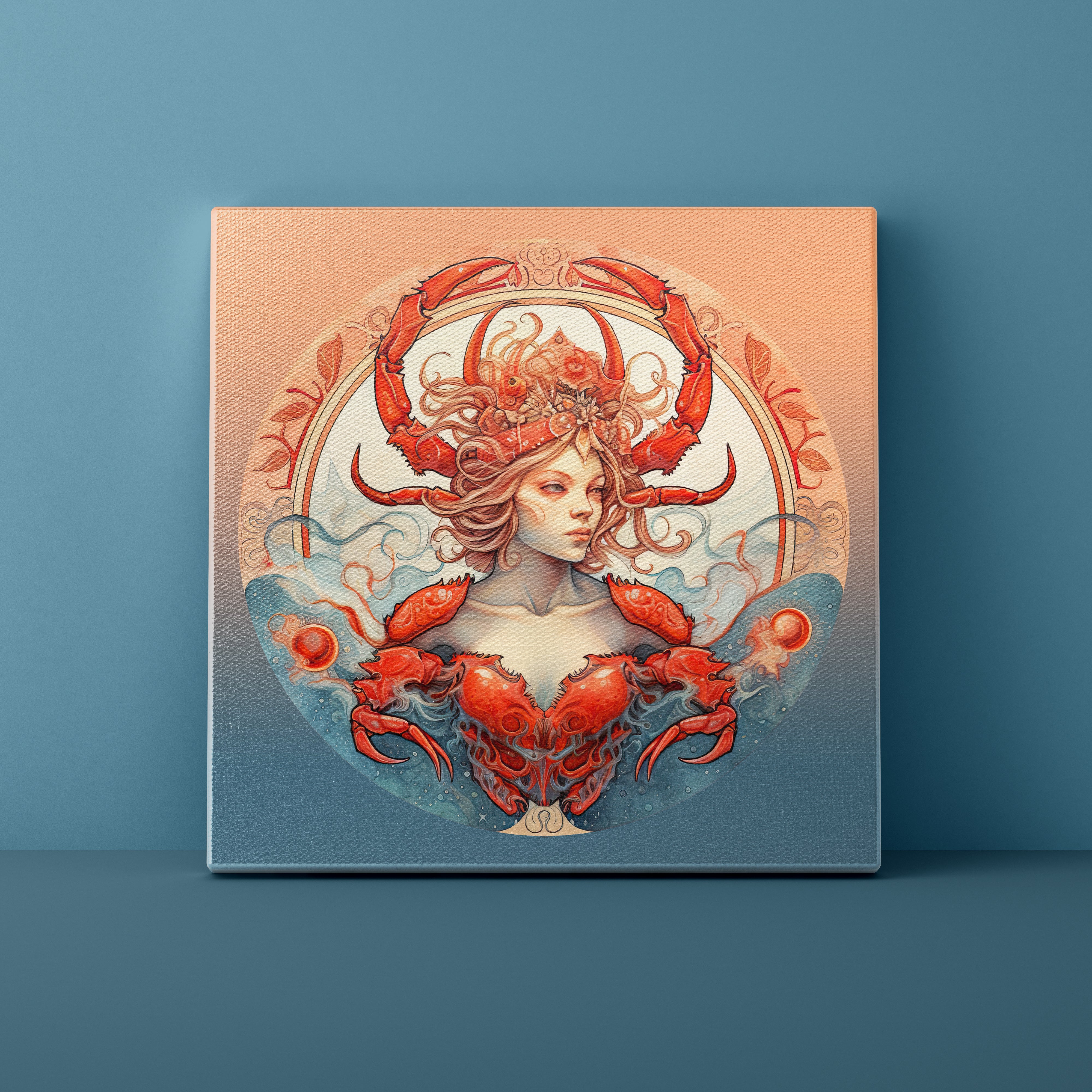 Canvas print with a woman's face surrounded by red crabs on a blue background