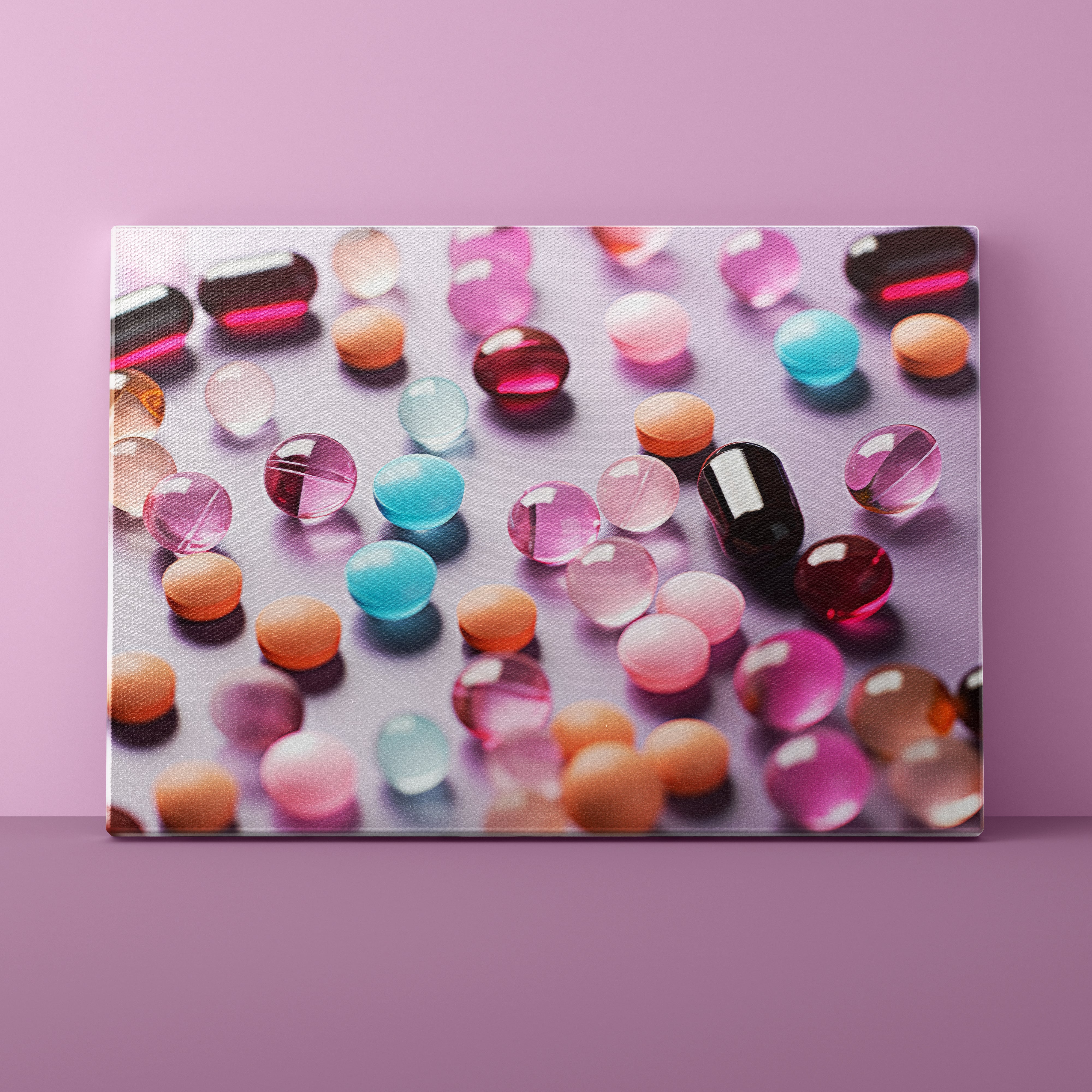 Canvas print of colorful gemstones on a pink background