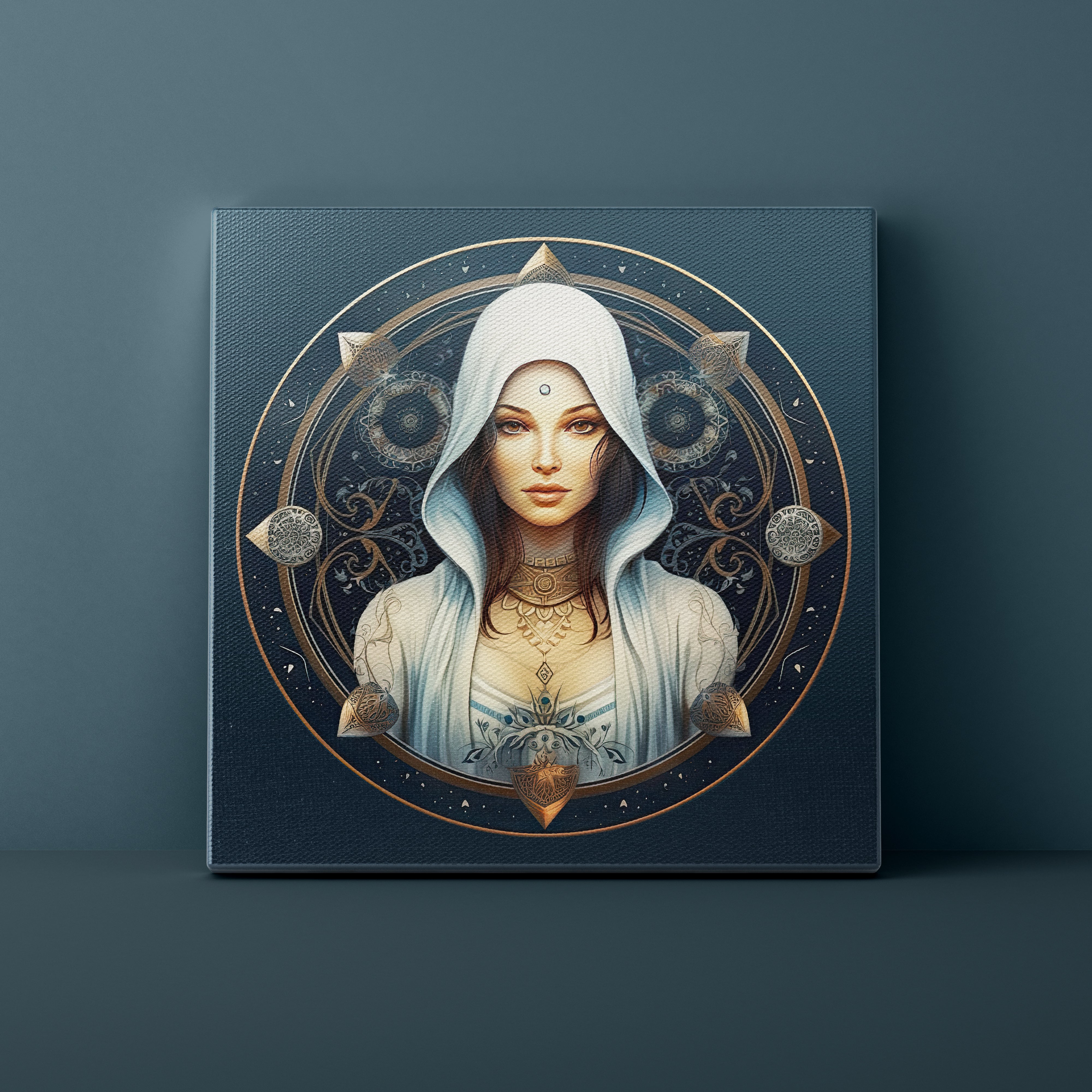 Framed artwork of a hooded figure with intricate designs on a dark blue background