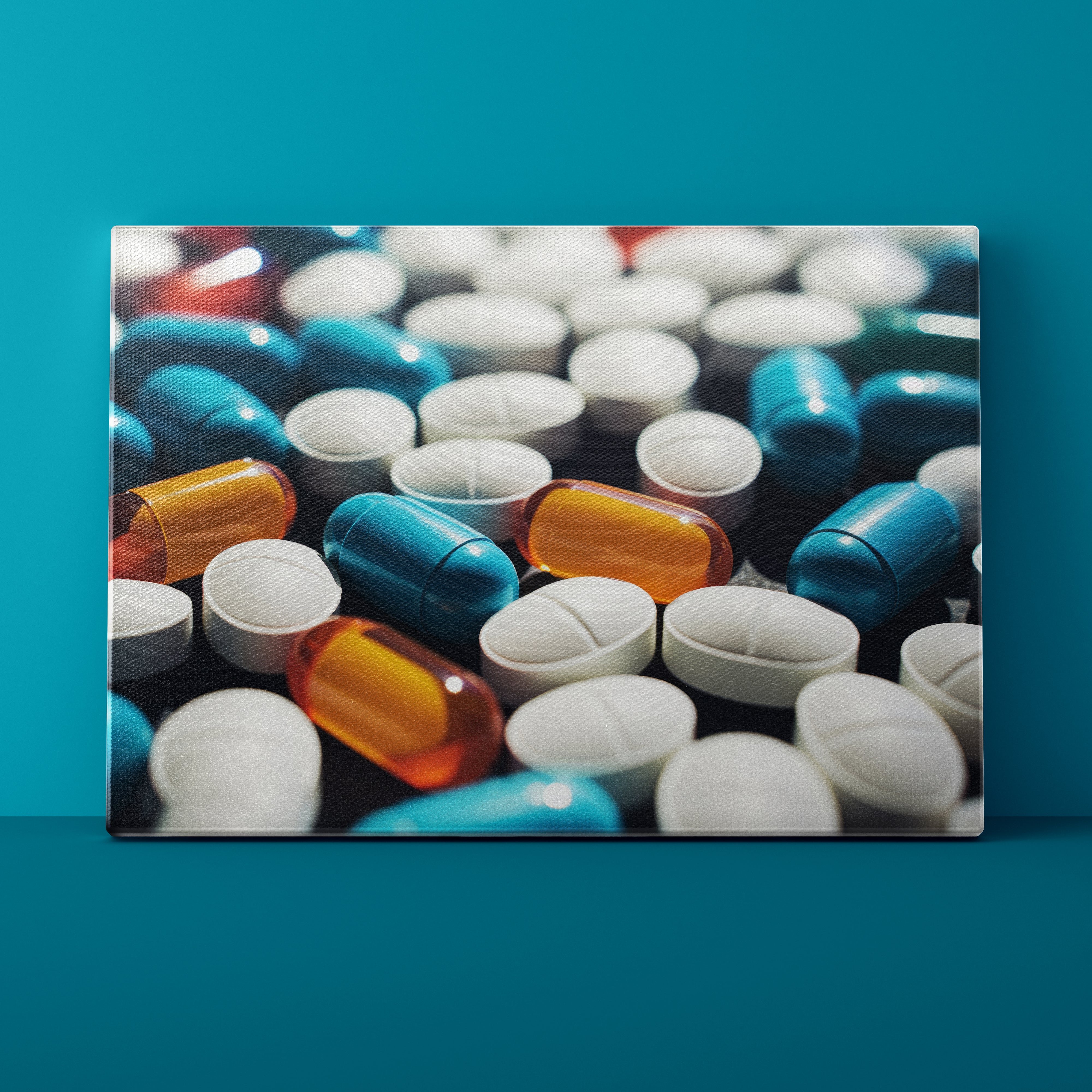 Colorful assortment of pills on a teal background