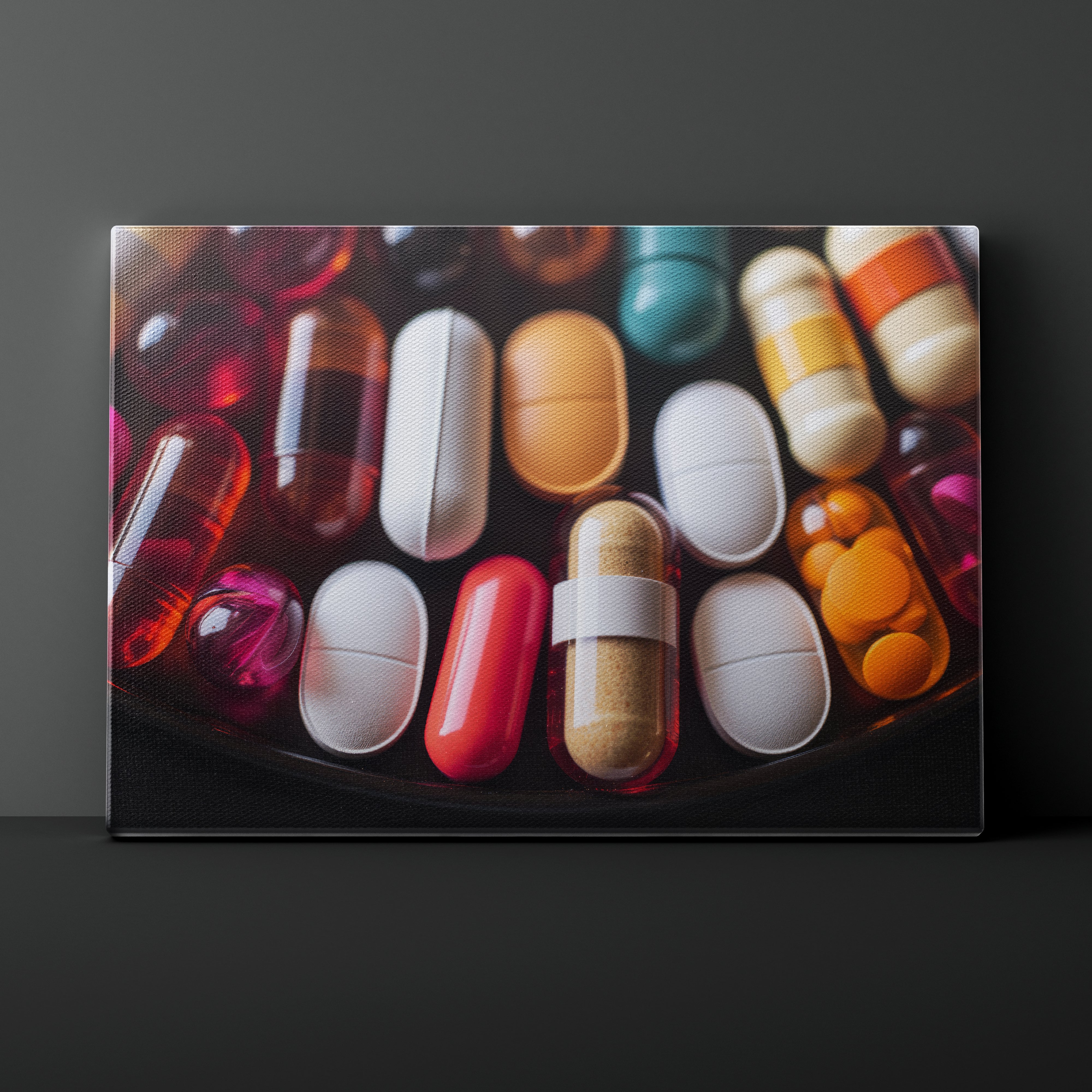 Canvas print of colorful pills on a dark background