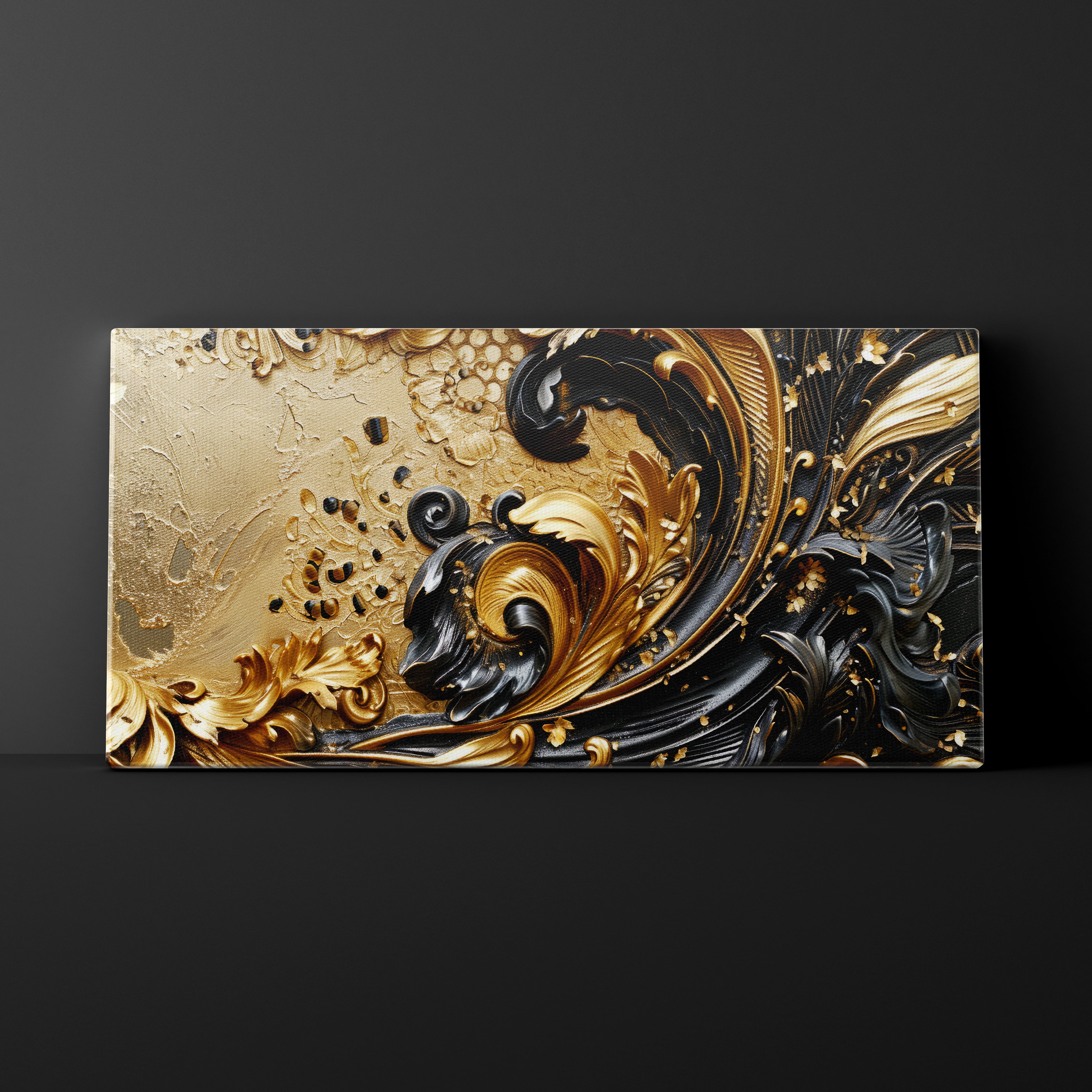 Decorative panel with gold and black intricate design on a dark background