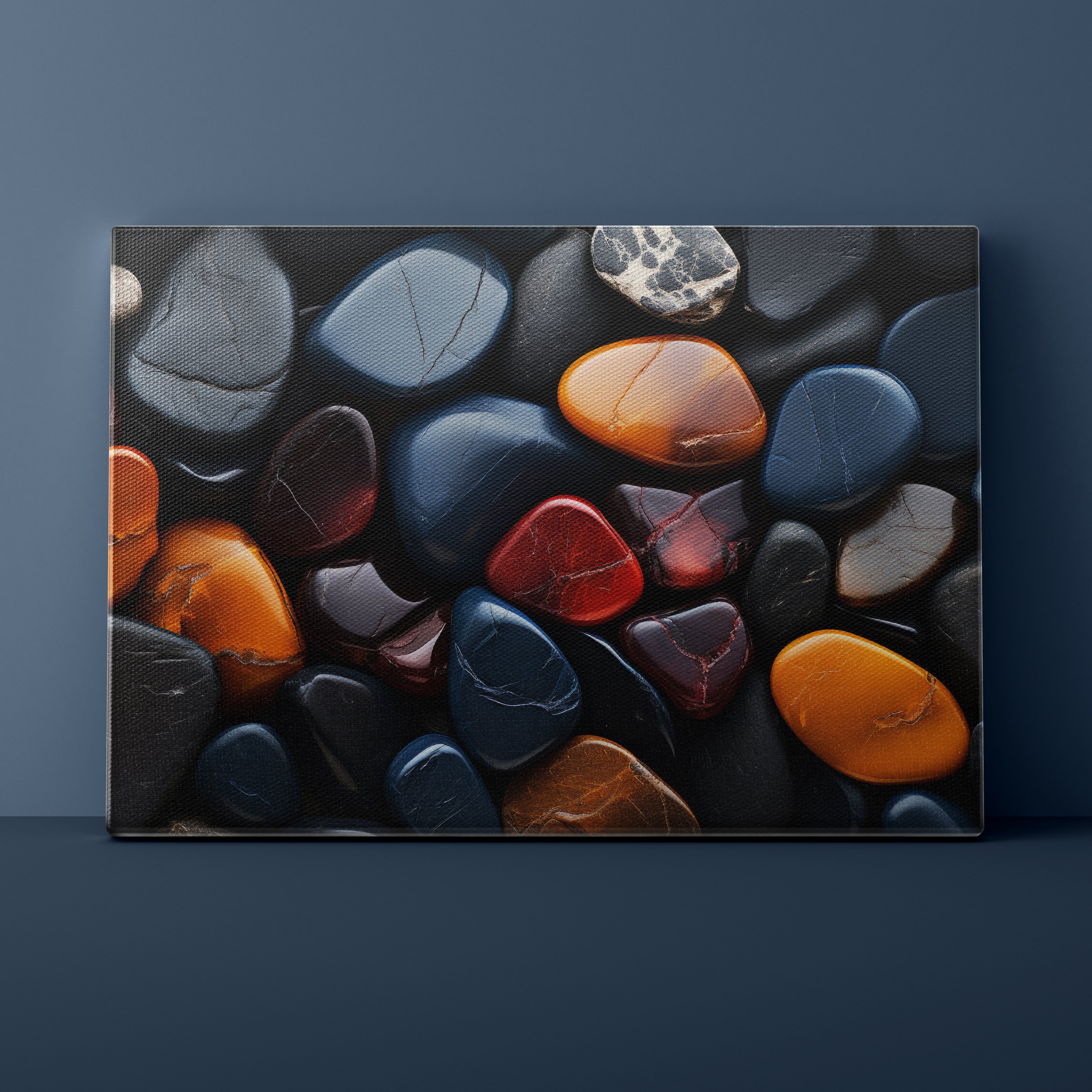 Canvas print of colorful pebbles against a dark blue wall