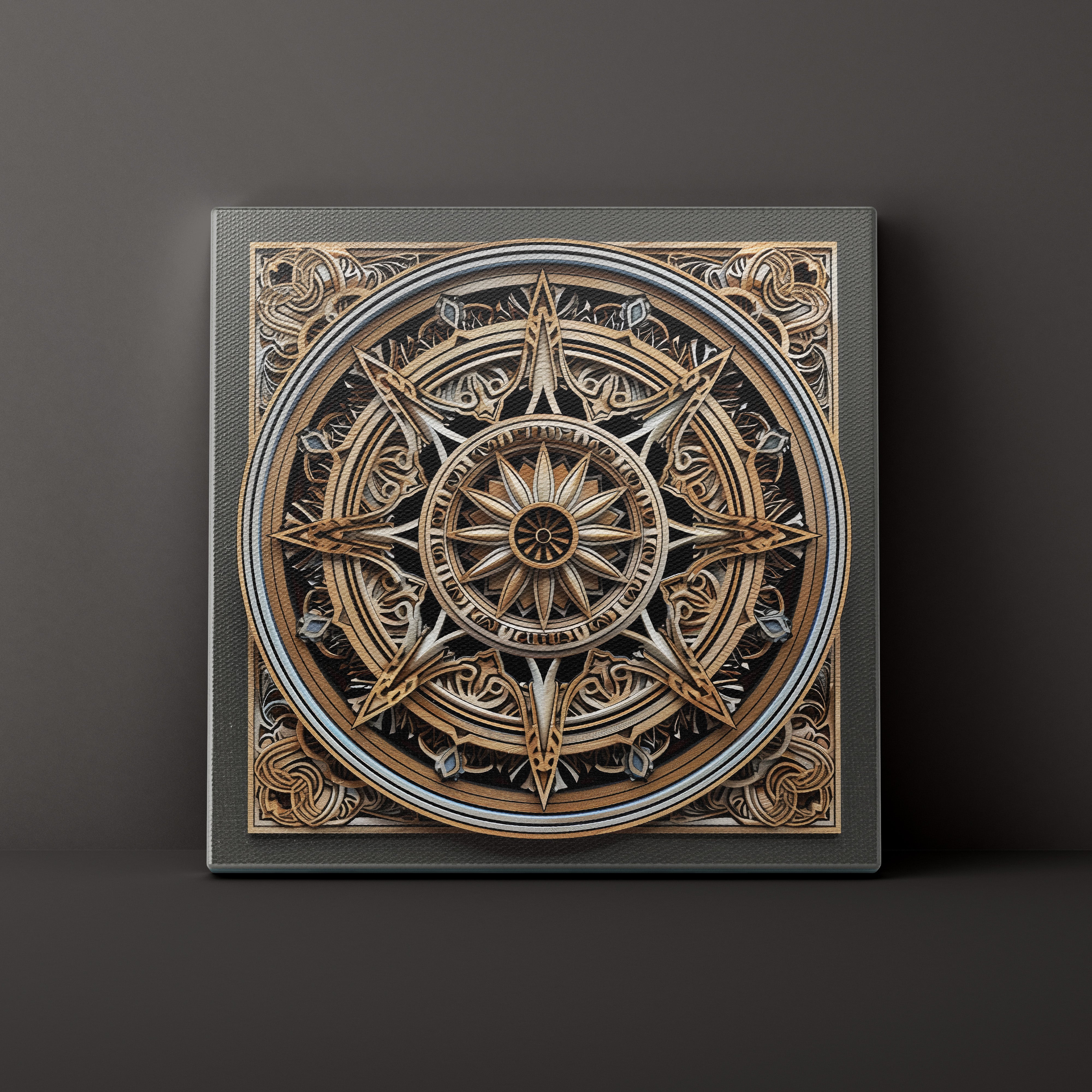 Decorative wall art with a compass design on a dark background