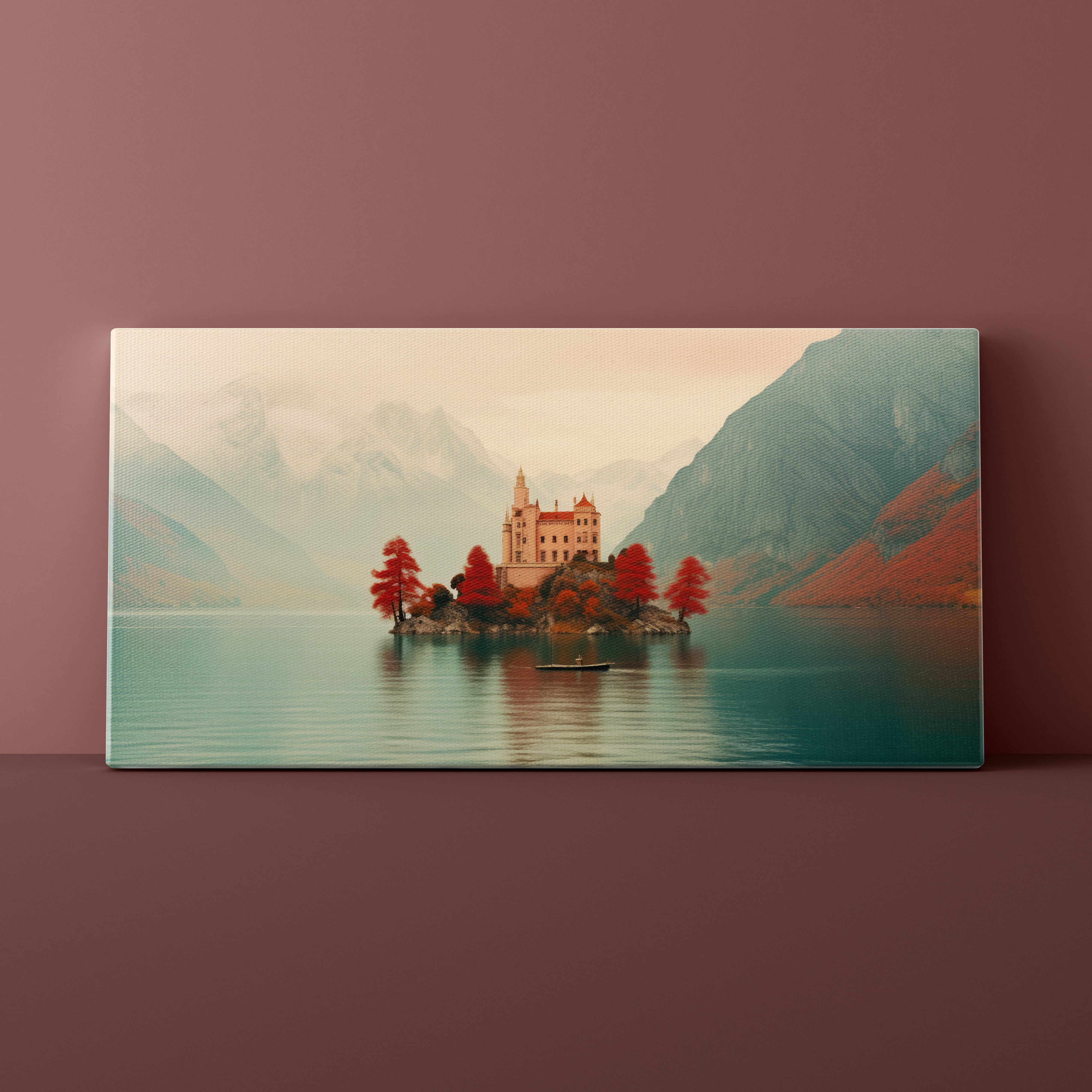 Canvas print of a castle on an island with mountains and water on a brown background