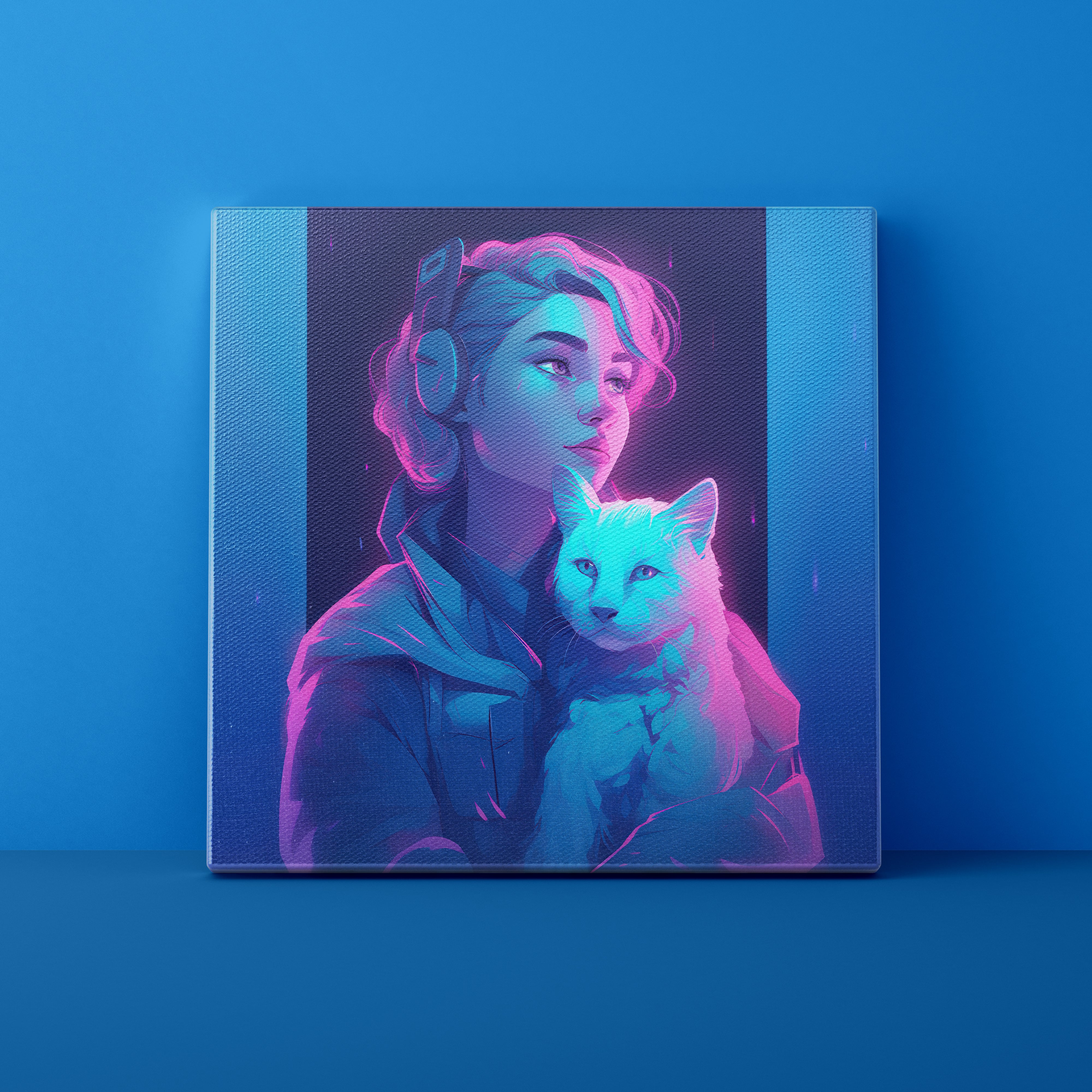 Canvas print of a person with headphones and a fox on a blue background