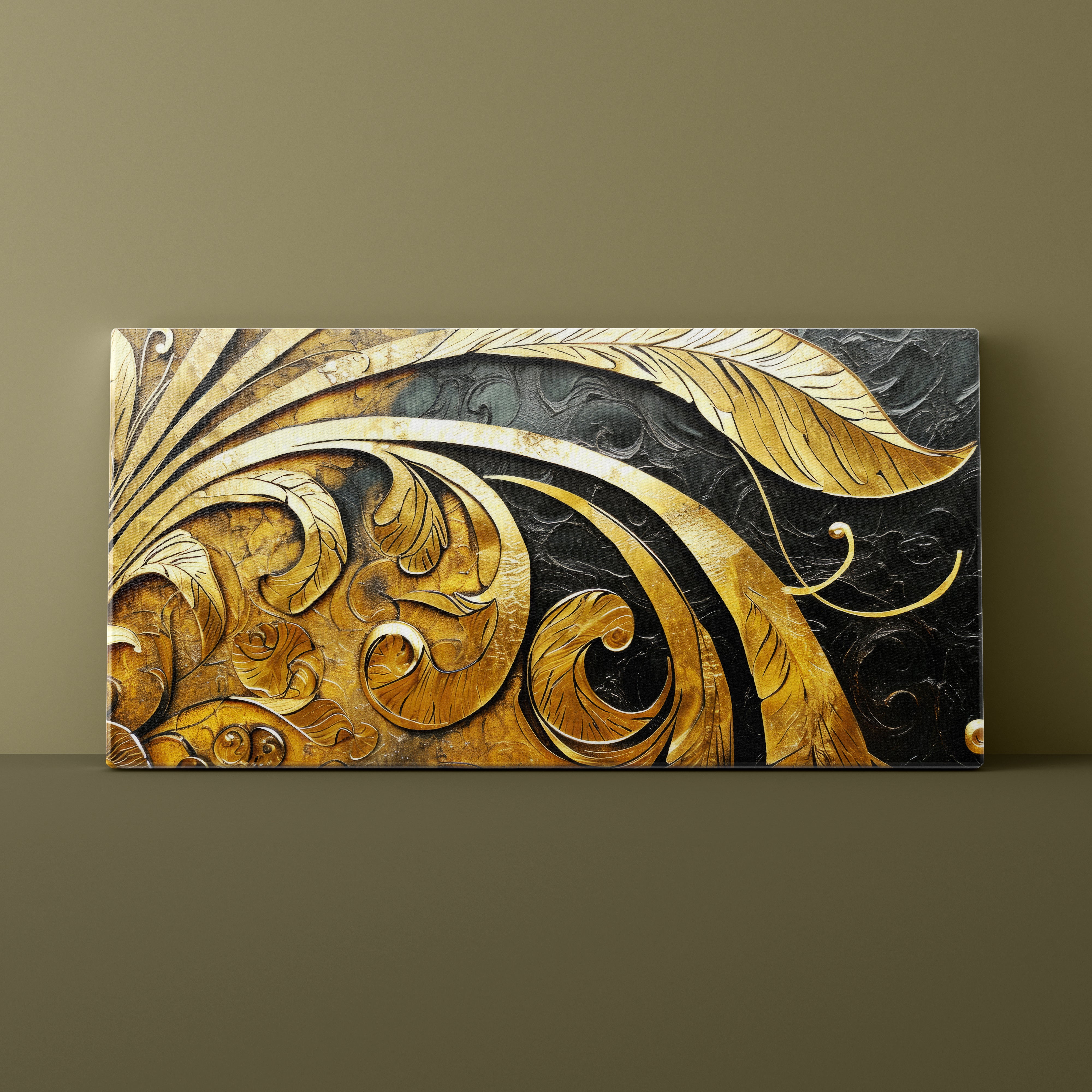 Decorative wall art with gold and black patterns on a brown background