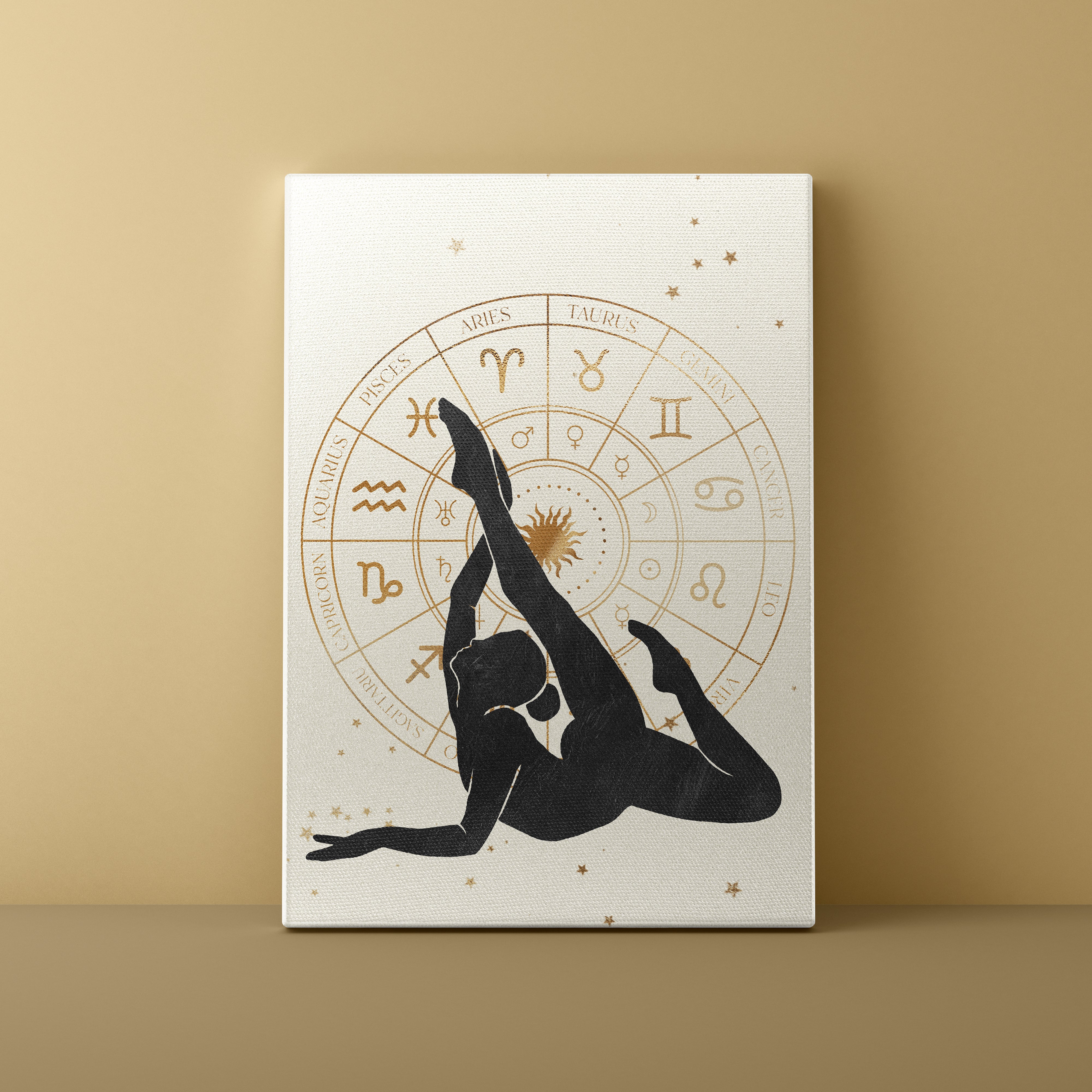 Canvas print with zodiac symbols and a silhouette of a person against a beige background