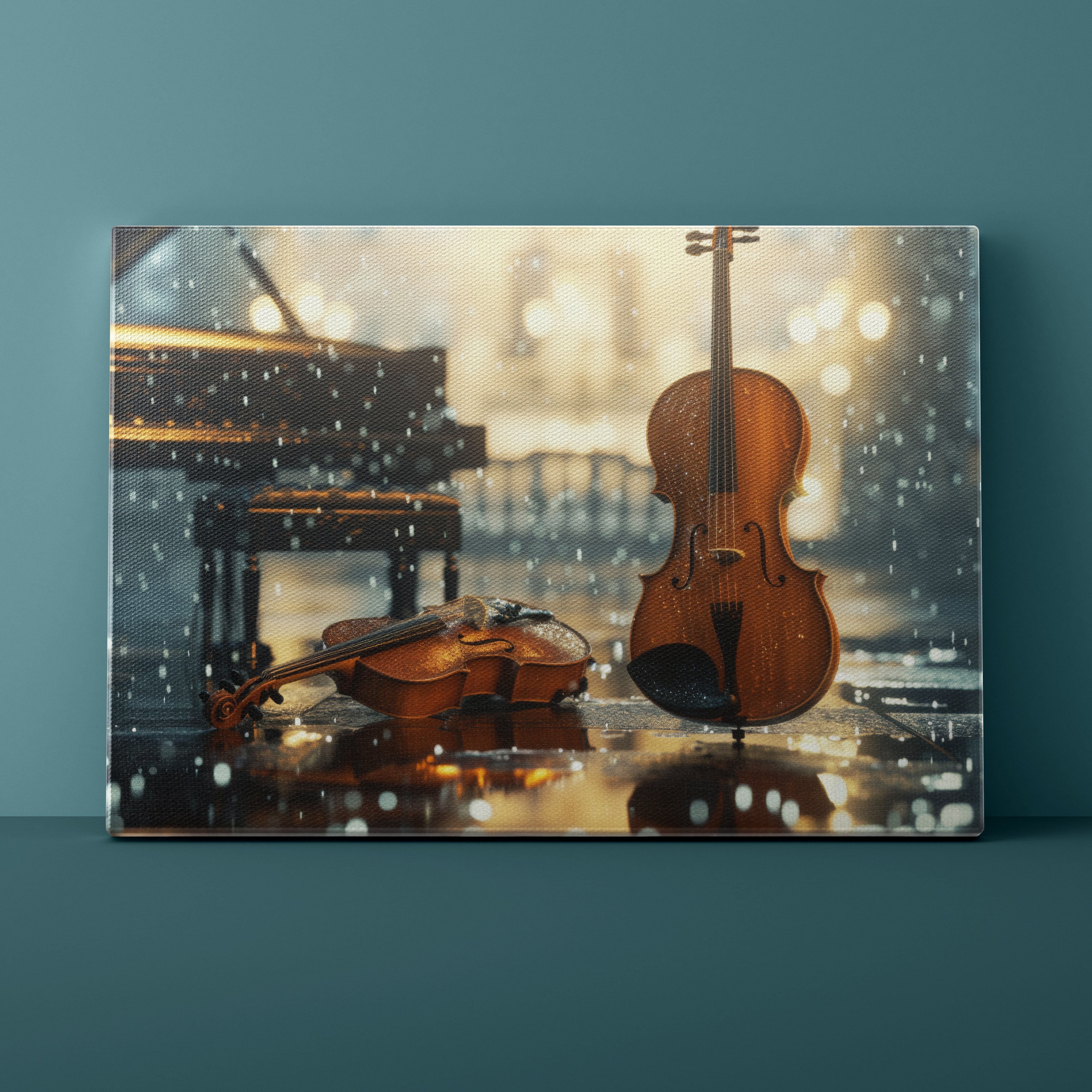 Two violins on a reflective surface with a blurred background of lights and a piano.
