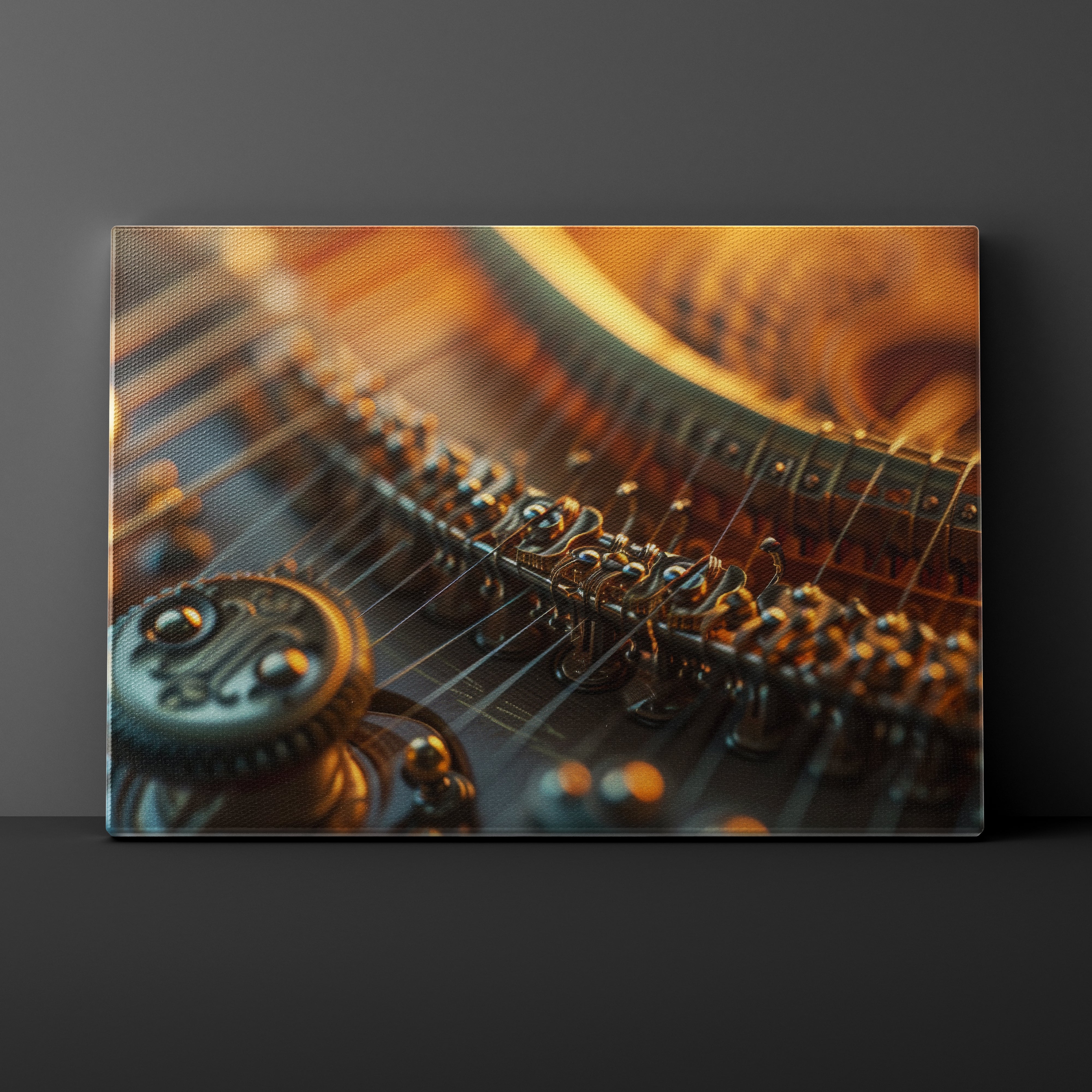 Close-up of a guitar neck and headstock on a dark background