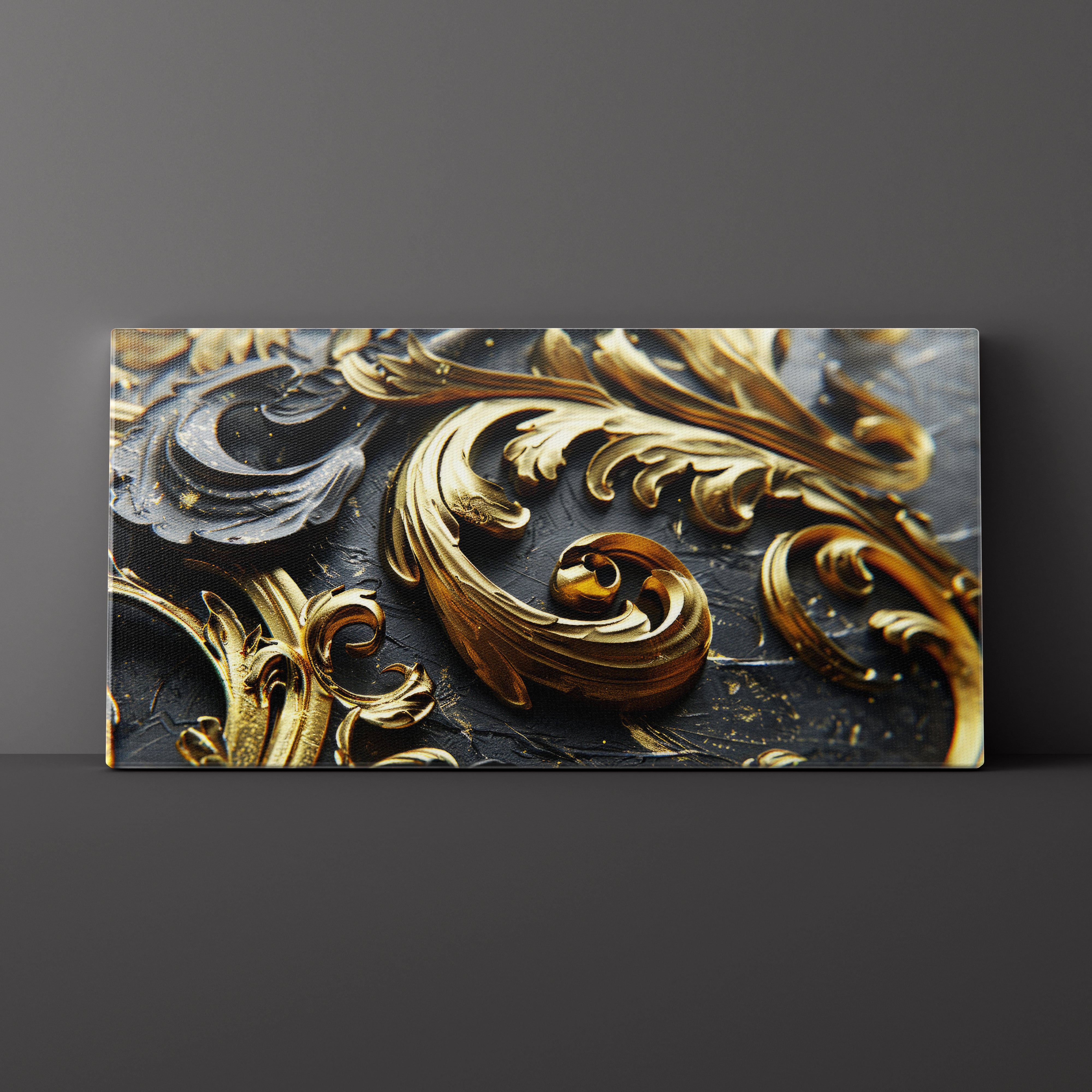 Decorative metal panel with gold and silver leaf patterns on a dark background