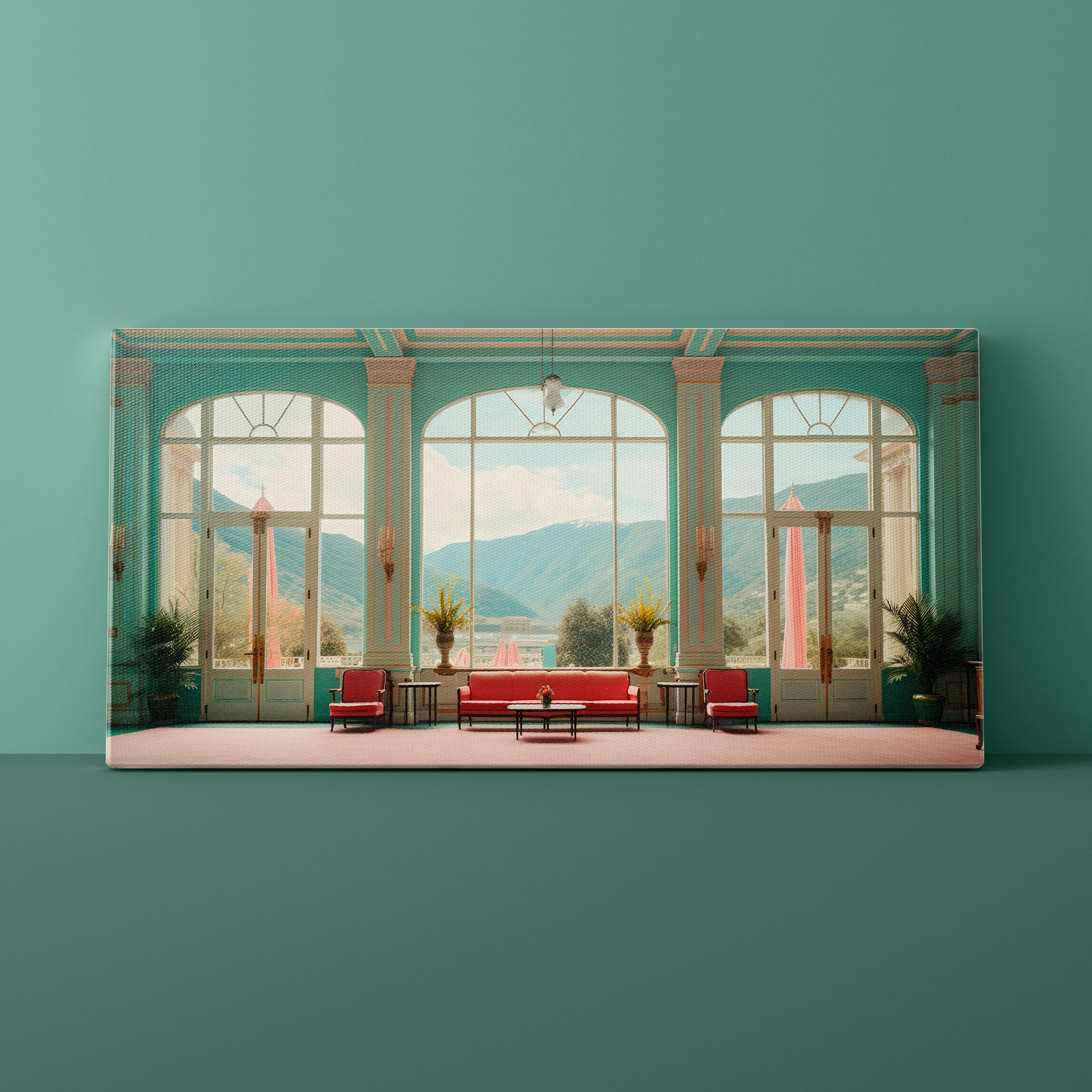 Framed artwork of a classical interior with red sofas and large windows on a teal wall.