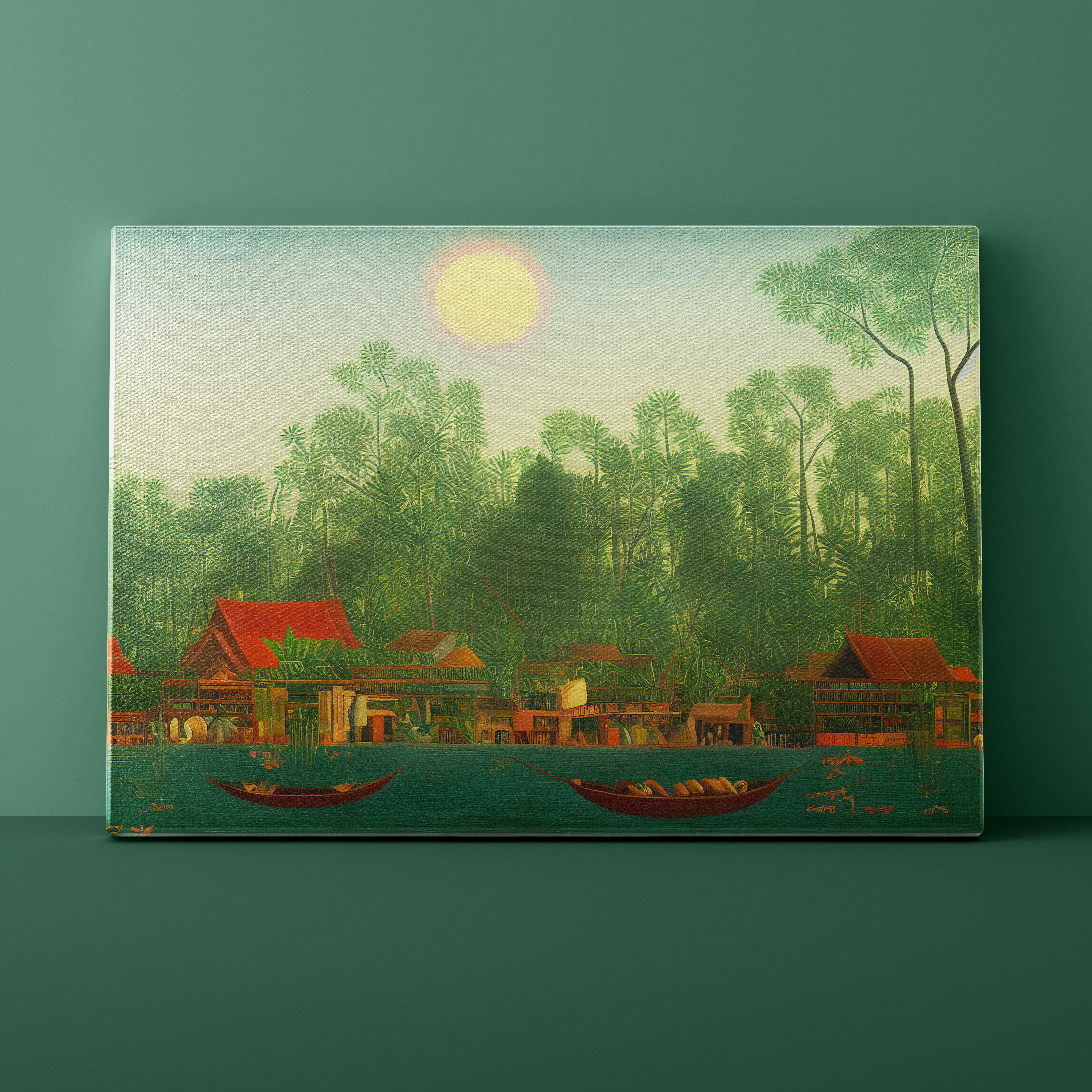 Village scene with traditional houses and boats on a river, surrounded by lush greenery.