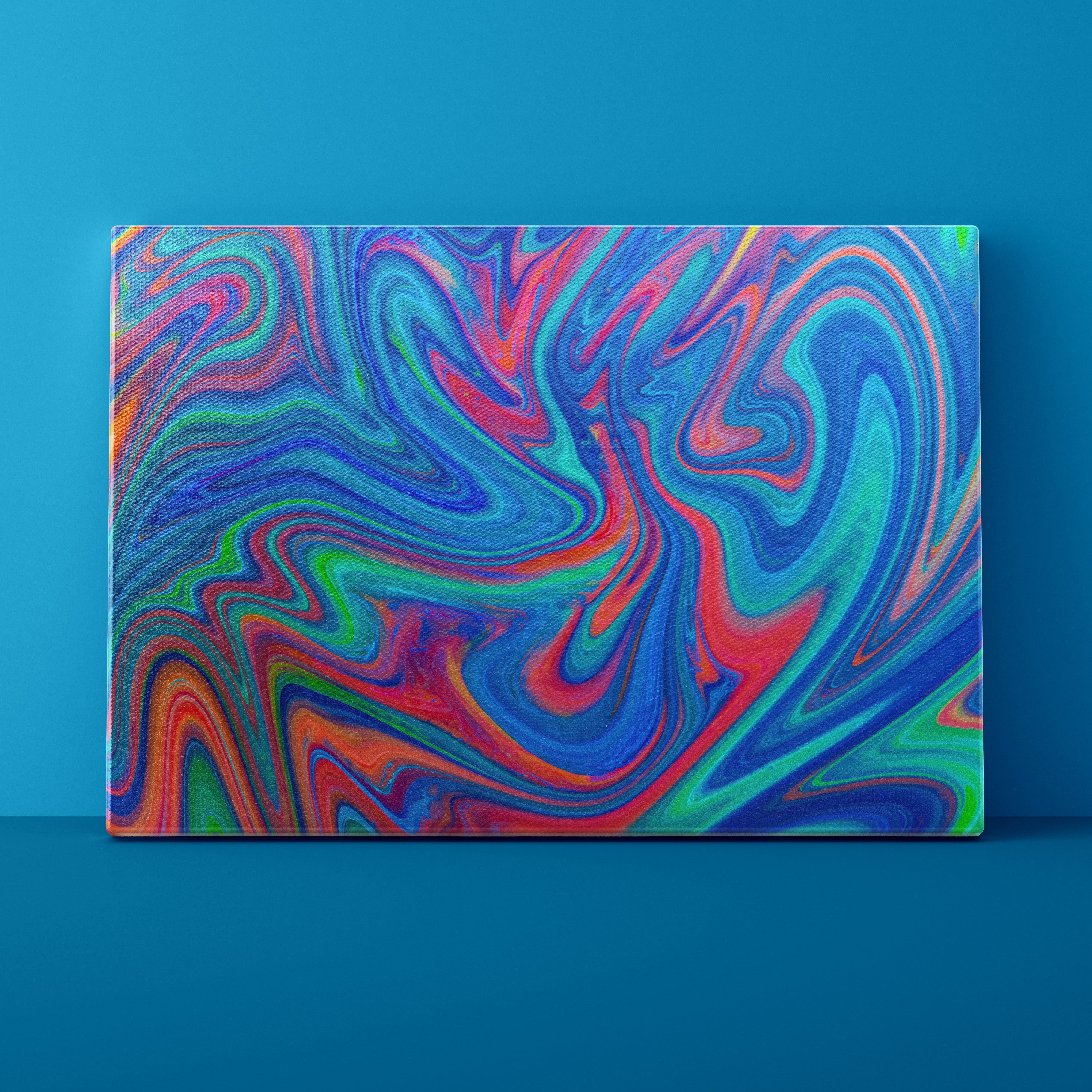 Colorful abstract swirl pattern on a blue background