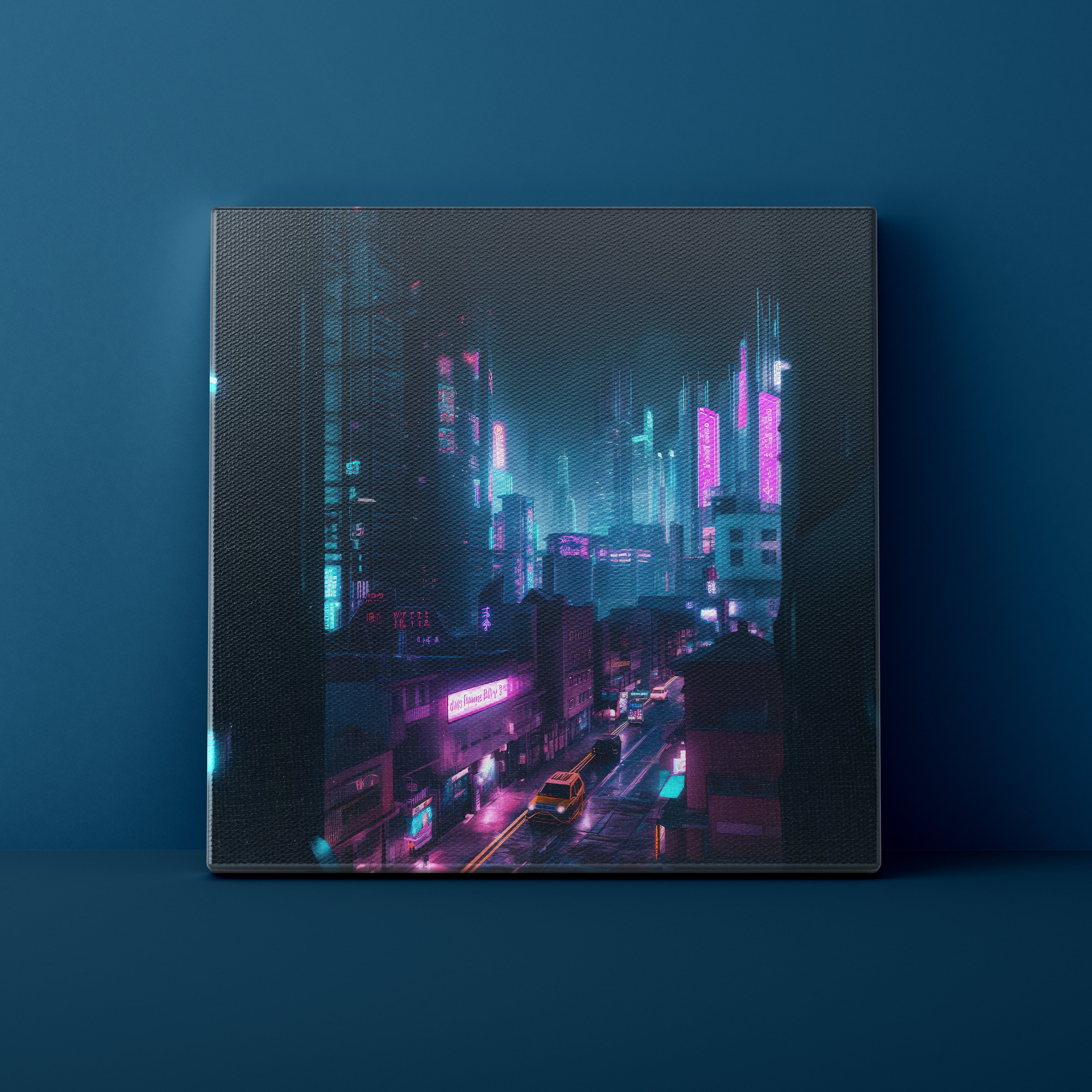 Futuristic cityscape with neon lights on a dark blue background.