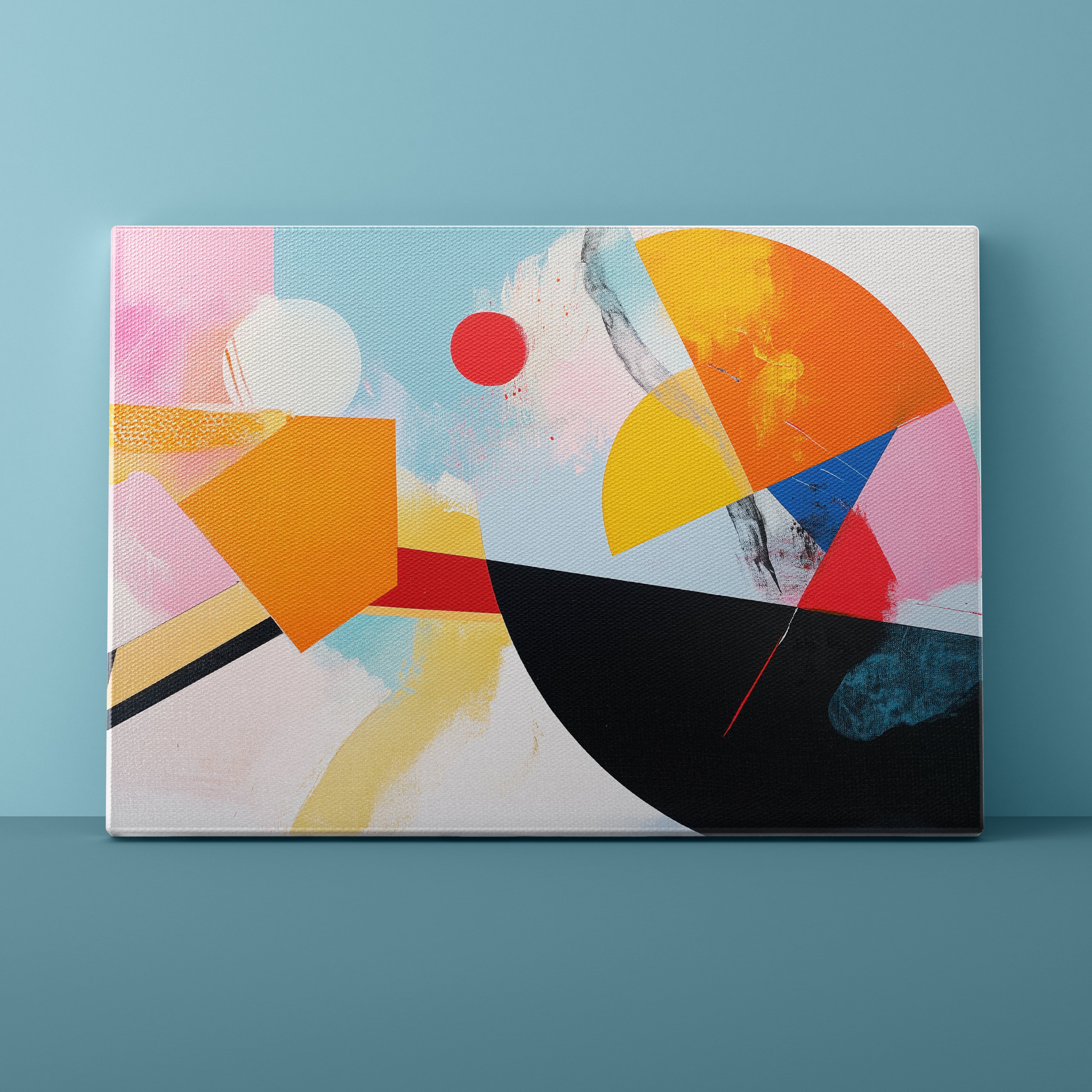 Abstract art piece with geometric shapes on a light blue background