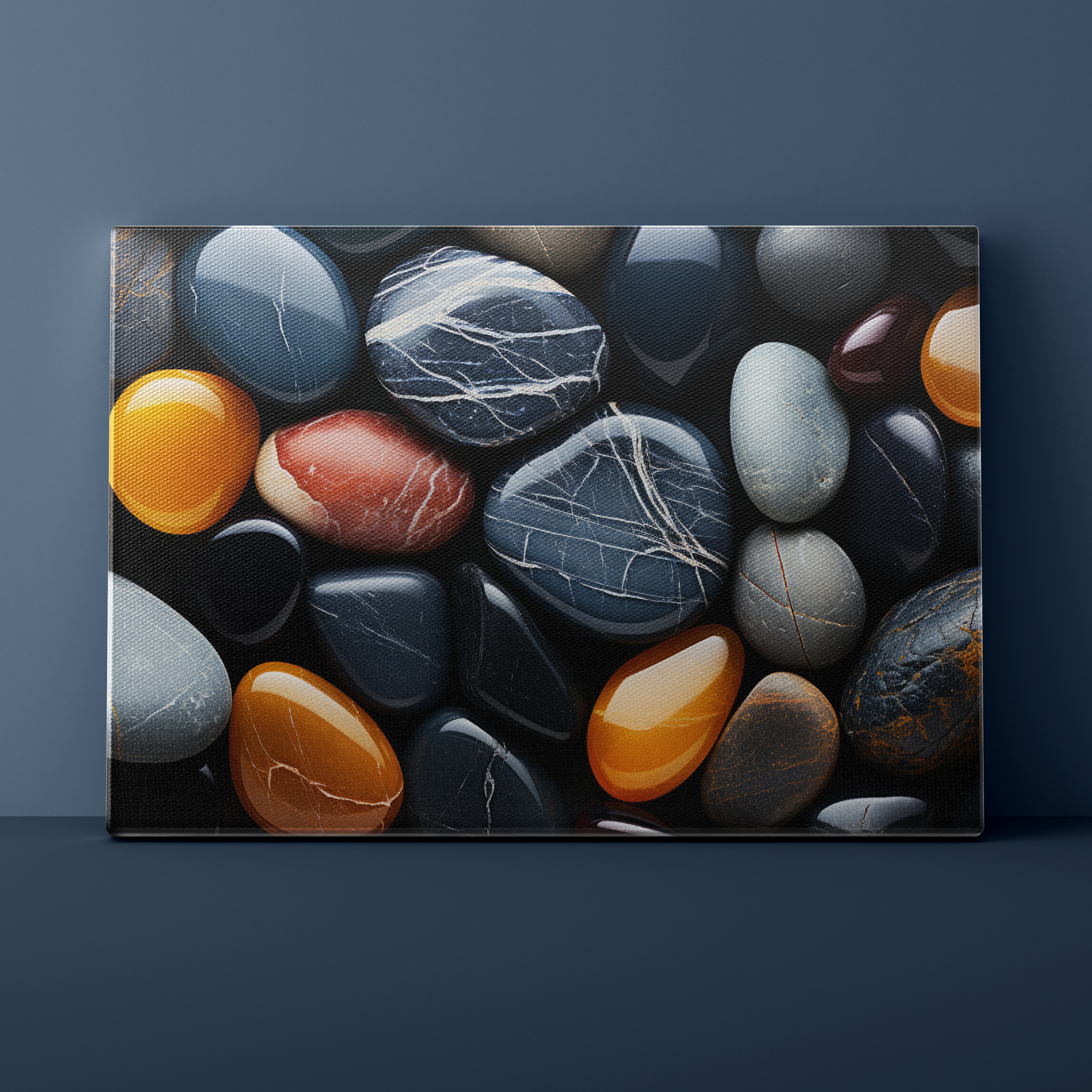 Canvas print of multicolored stones against a dark blue wall