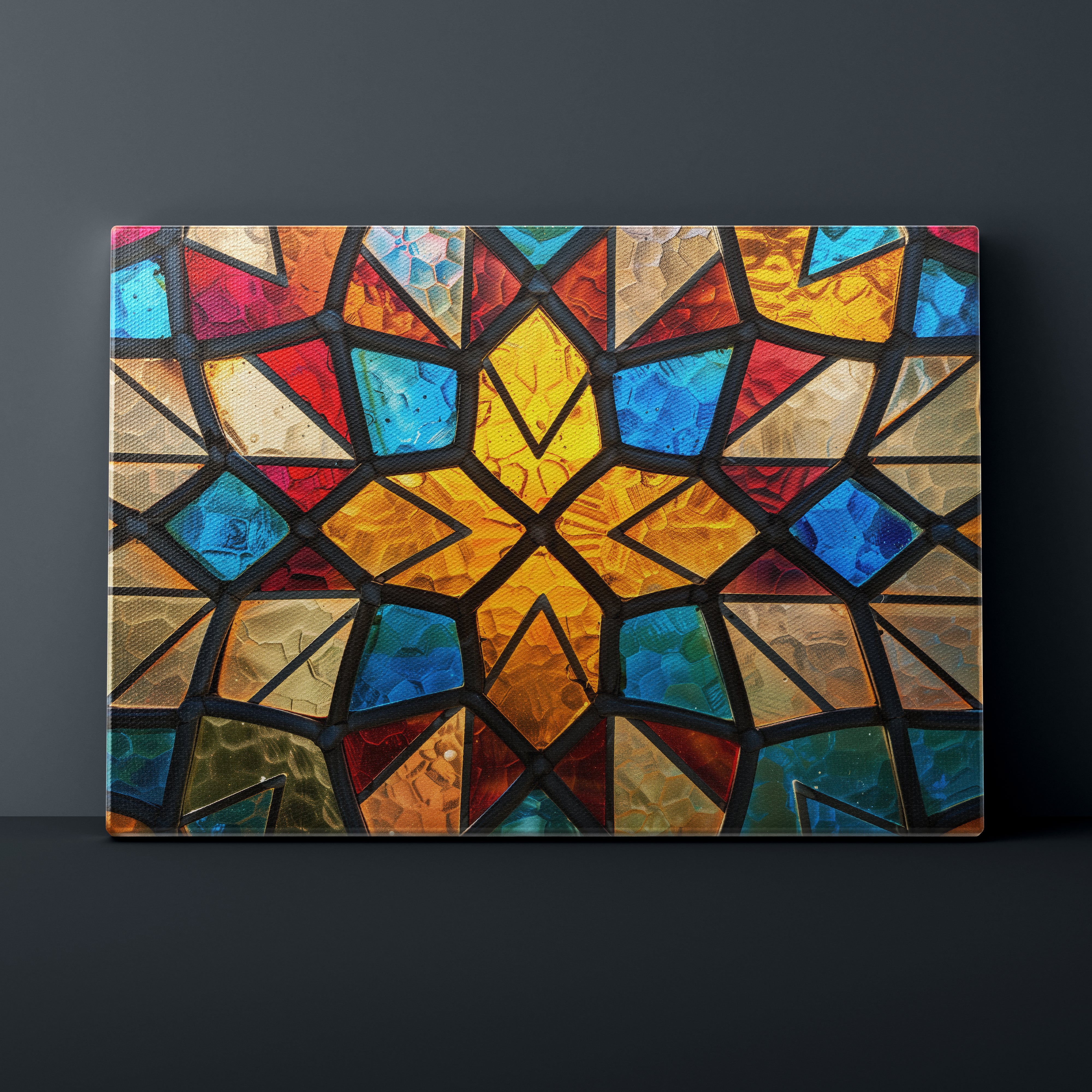Colorful geometric mosaic art piece on a dark background