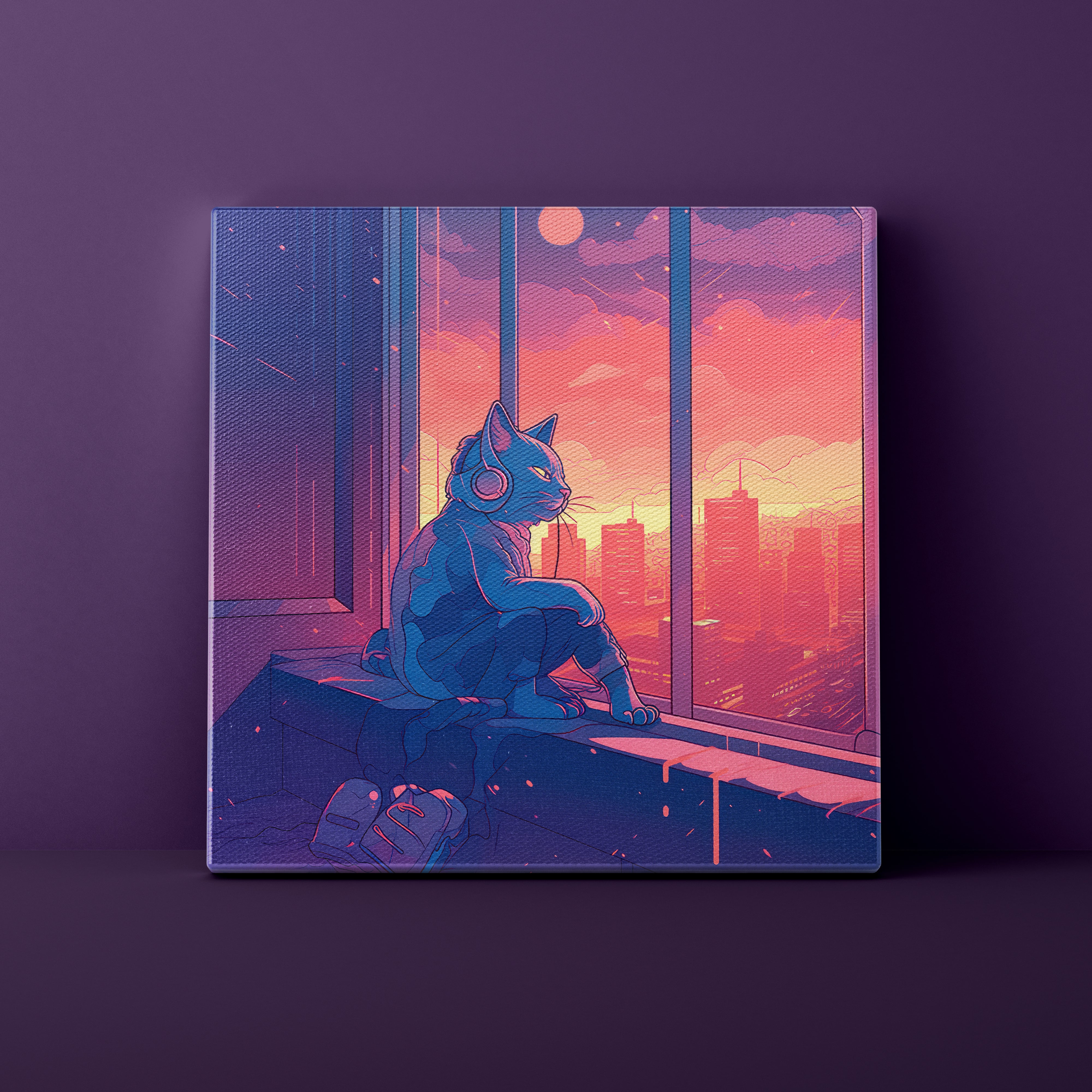 Canvas print of a cat with headphones looking out a window at a cityscape, on a purple background