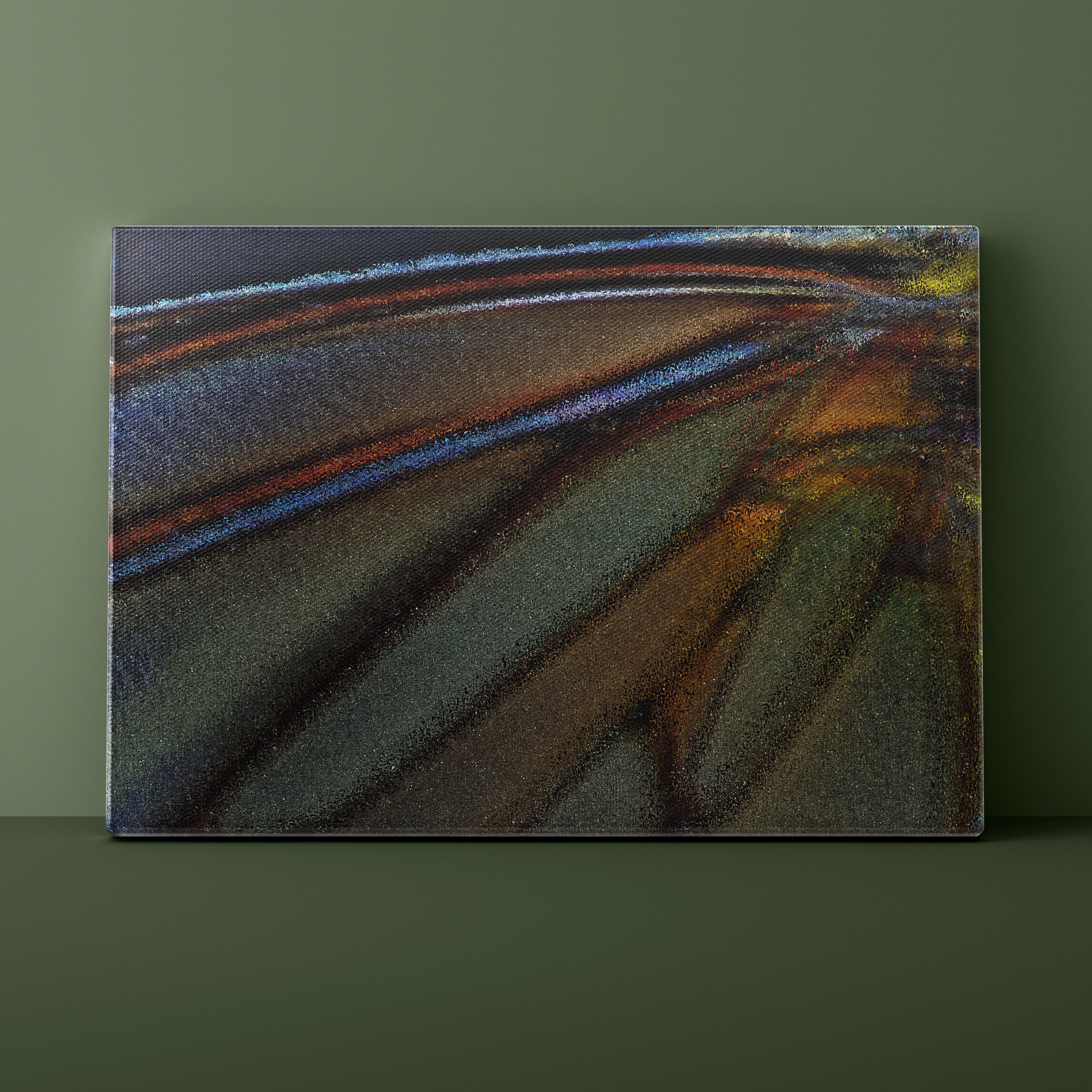 Abstract painting on a dark green wall