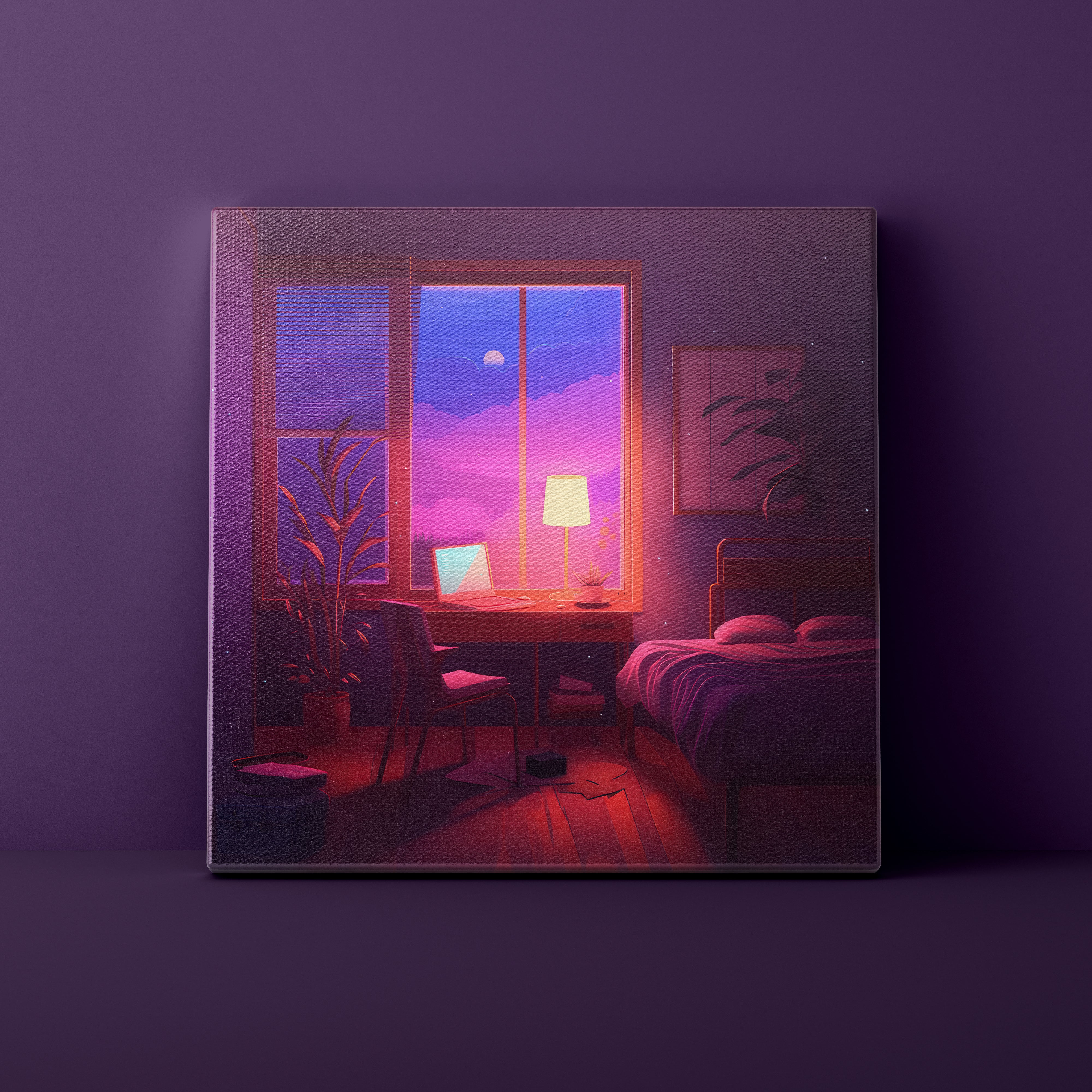 Framed artwork of a bedroom scene with a window view of mountains at night.
