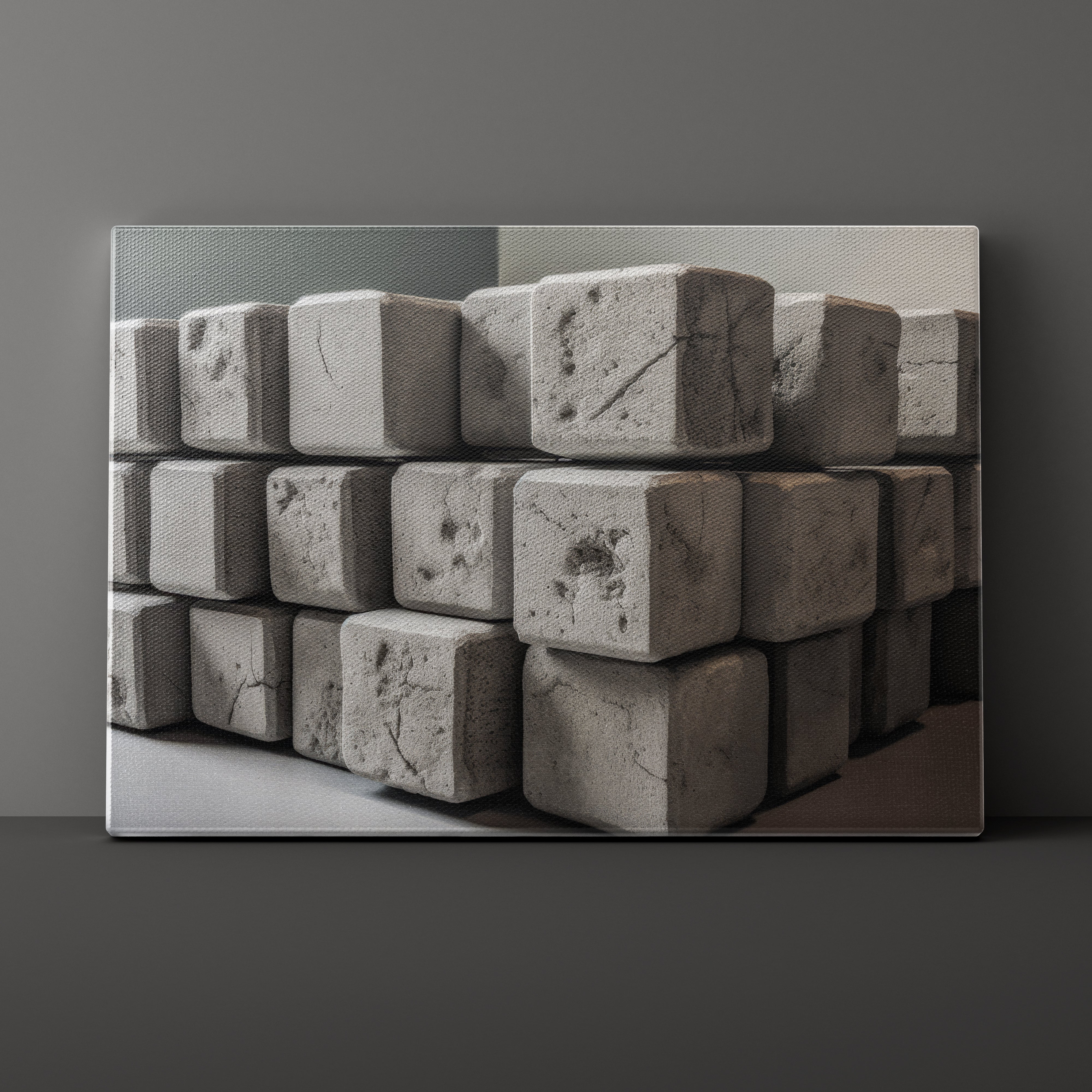 Canvas print of stacked concrete blocks against a gray background
