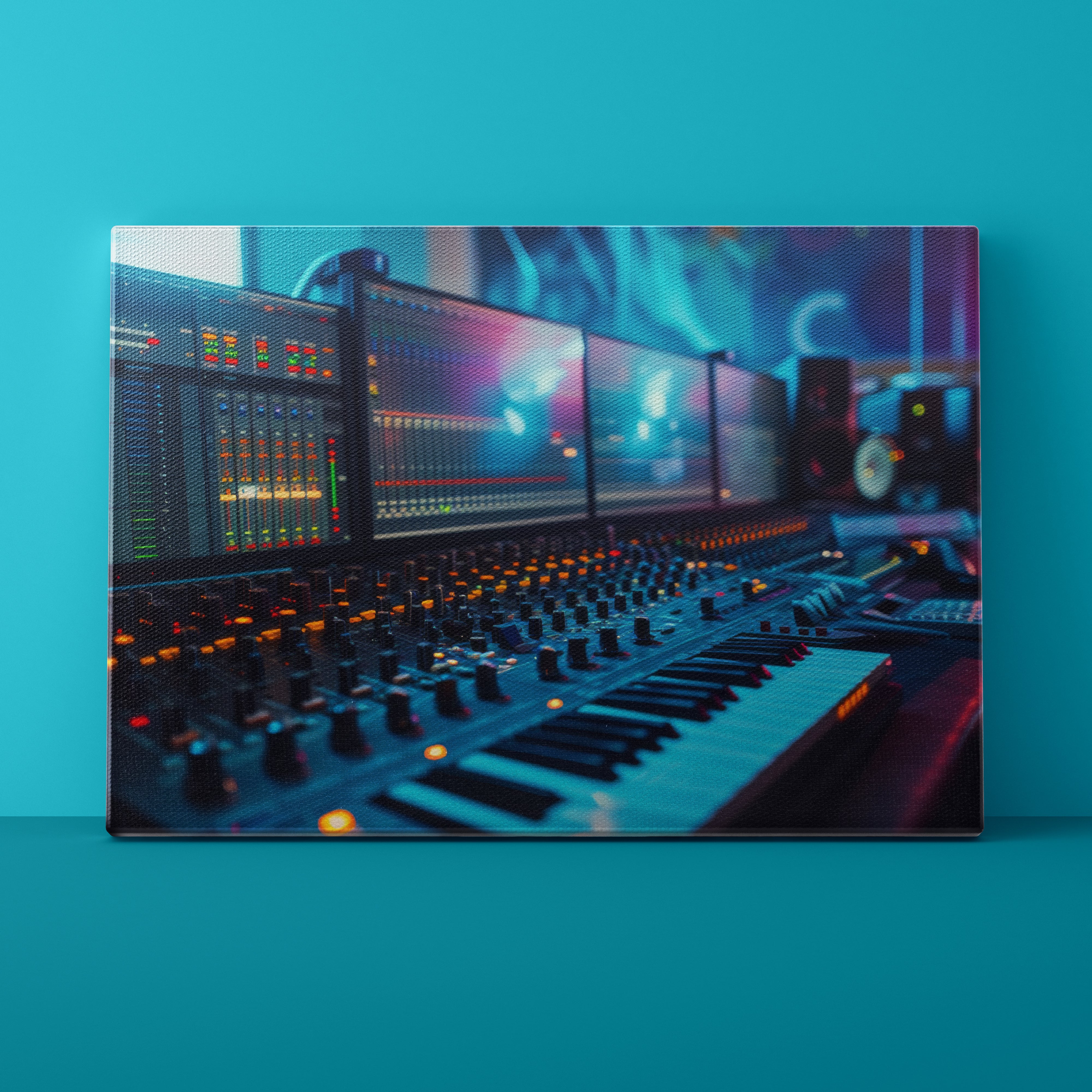 Music production console with multiple screens on a blue background