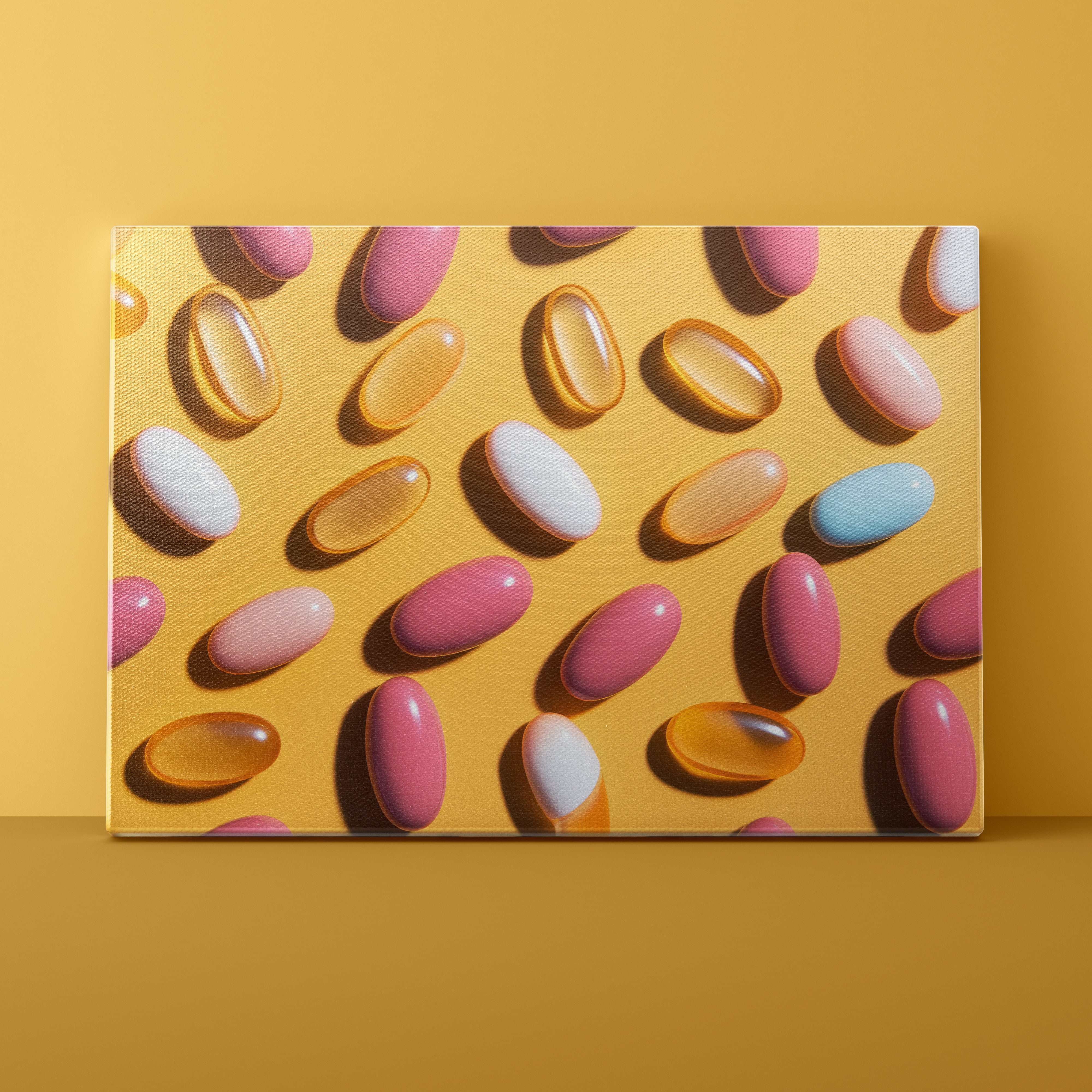 Colorful oval candies on a yellow background
