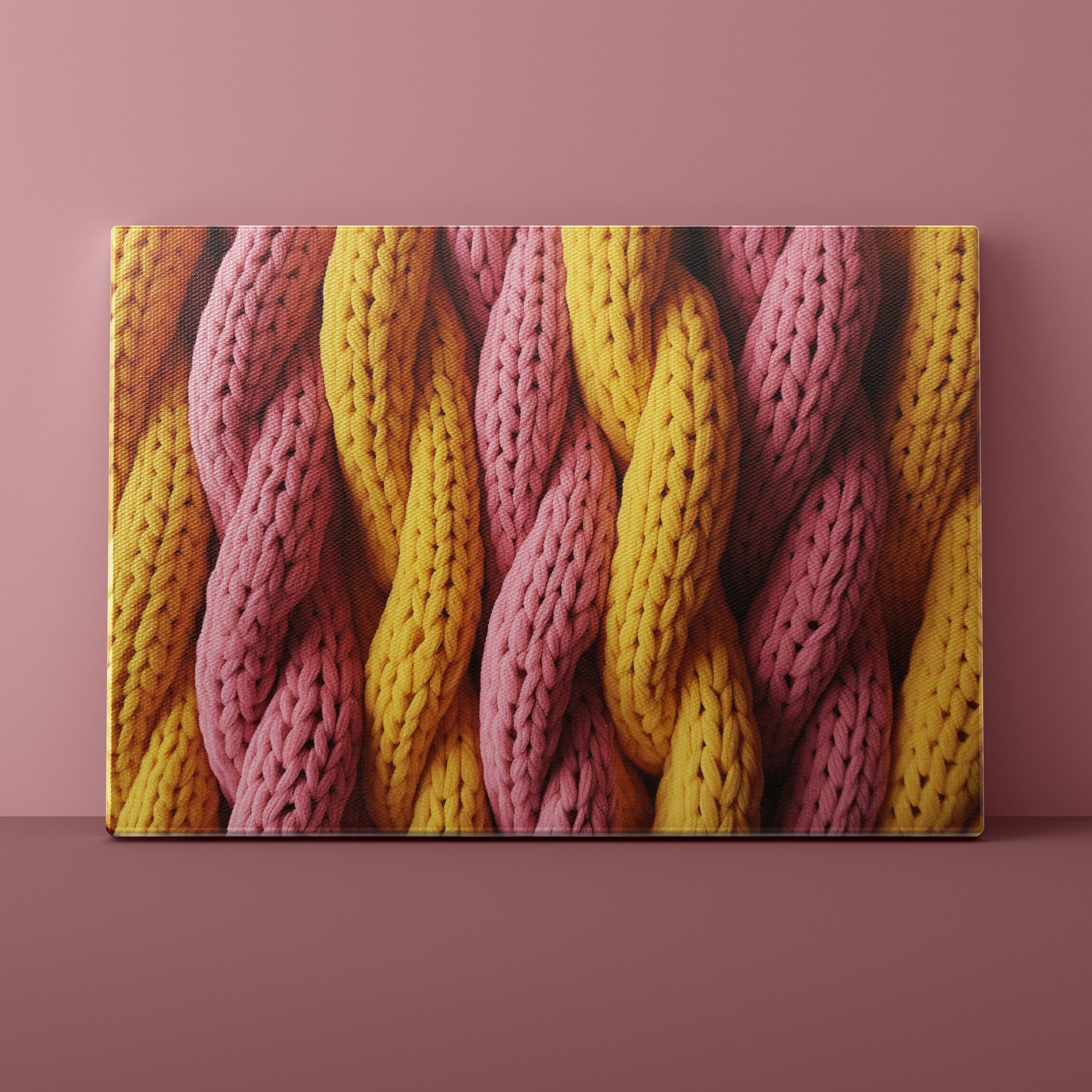 Canvas print of braided pink and yellow yarn on a matching background