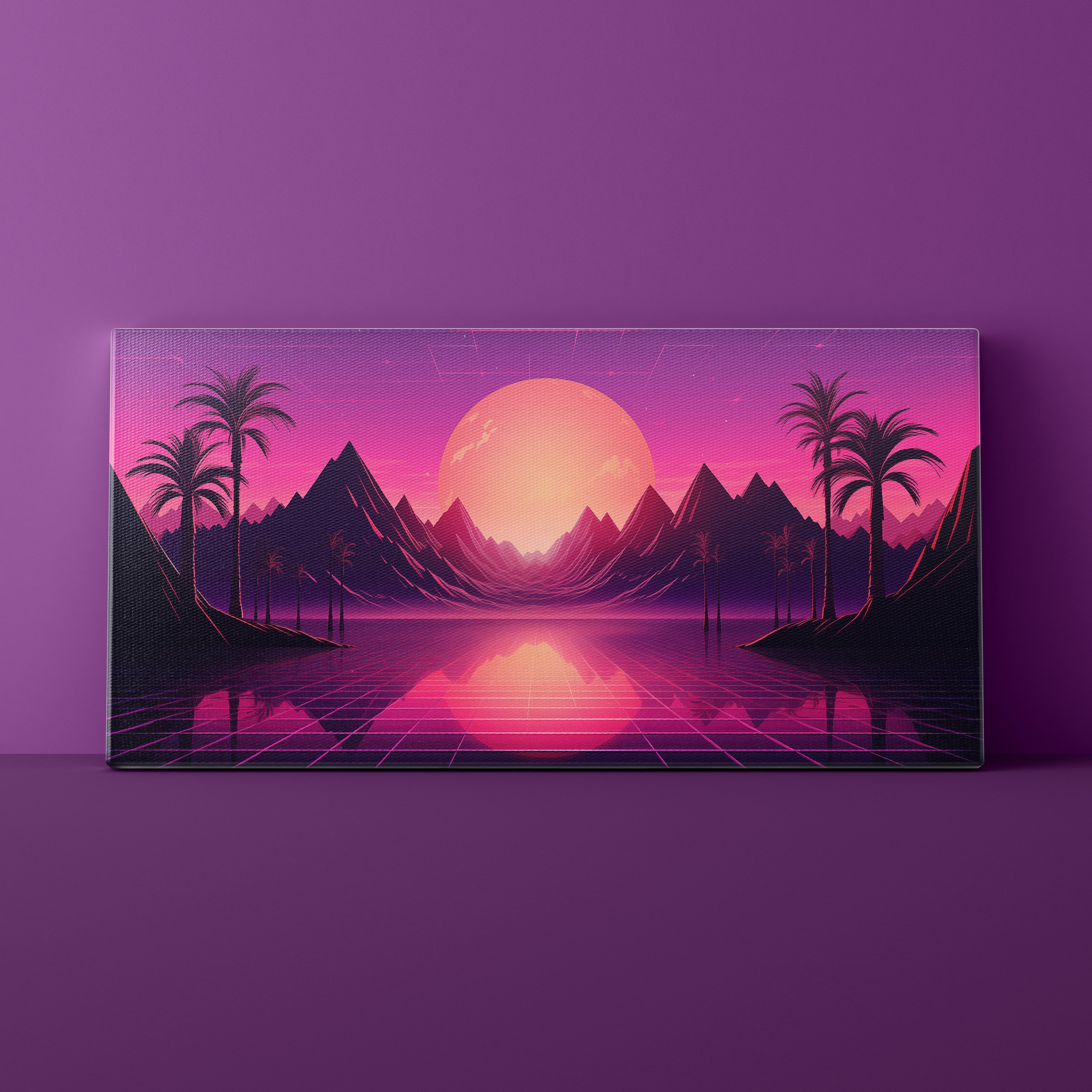 Futuristic landscape with mountains, palm trees, and a glowing sun on a purple background